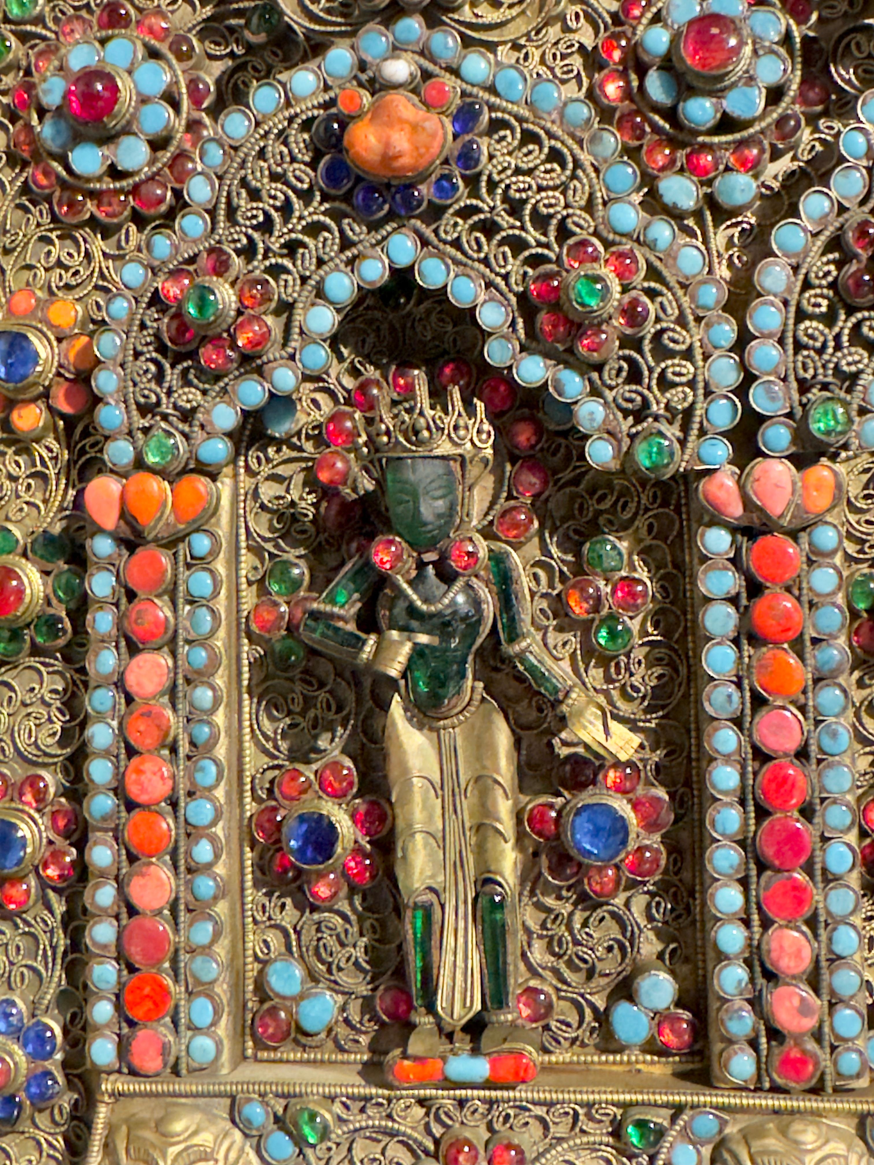 Nepalese Filigree and Stone and Glass Inlay Votive Plaque, circa 1900 In Good Condition For Sale In Austin, TX