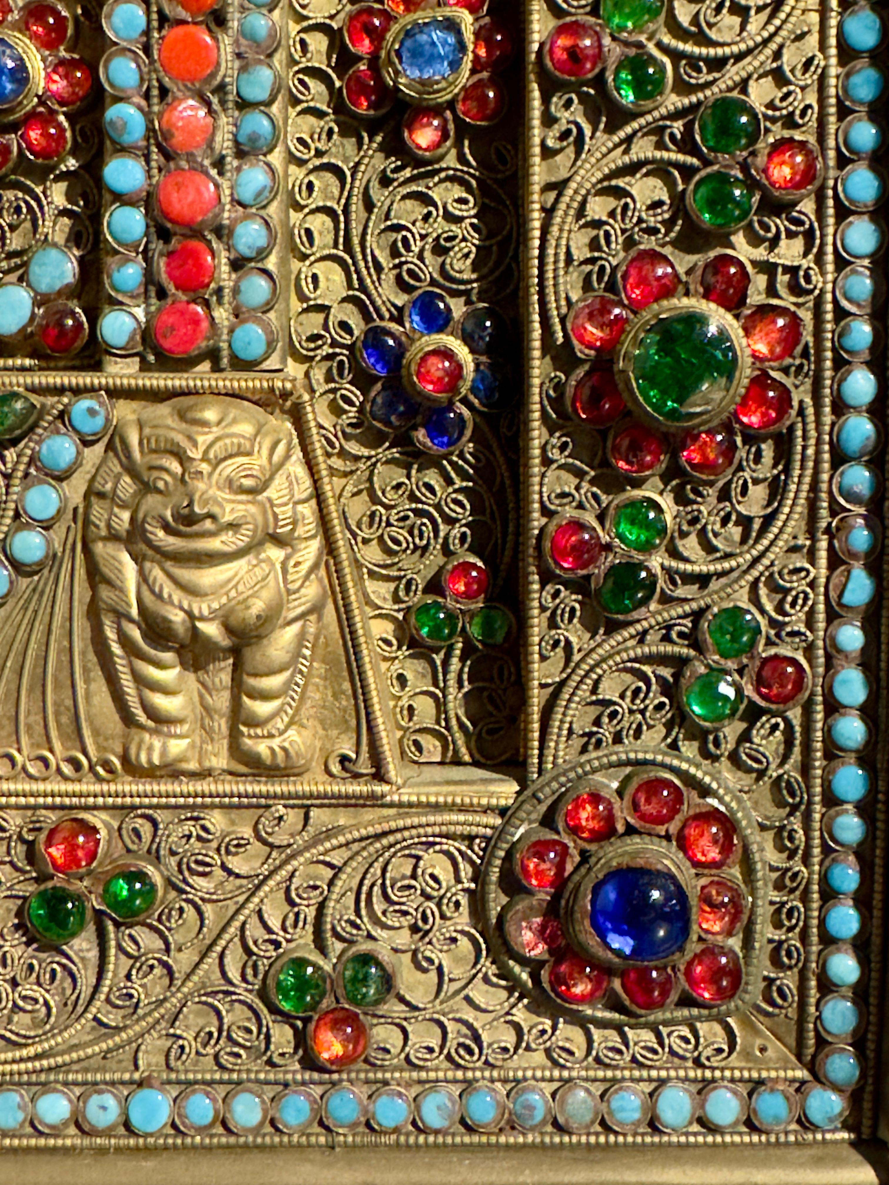 Copper Nepalese Filigree and Stone and Glass Inlay Votive Plaque, circa 1900 For Sale