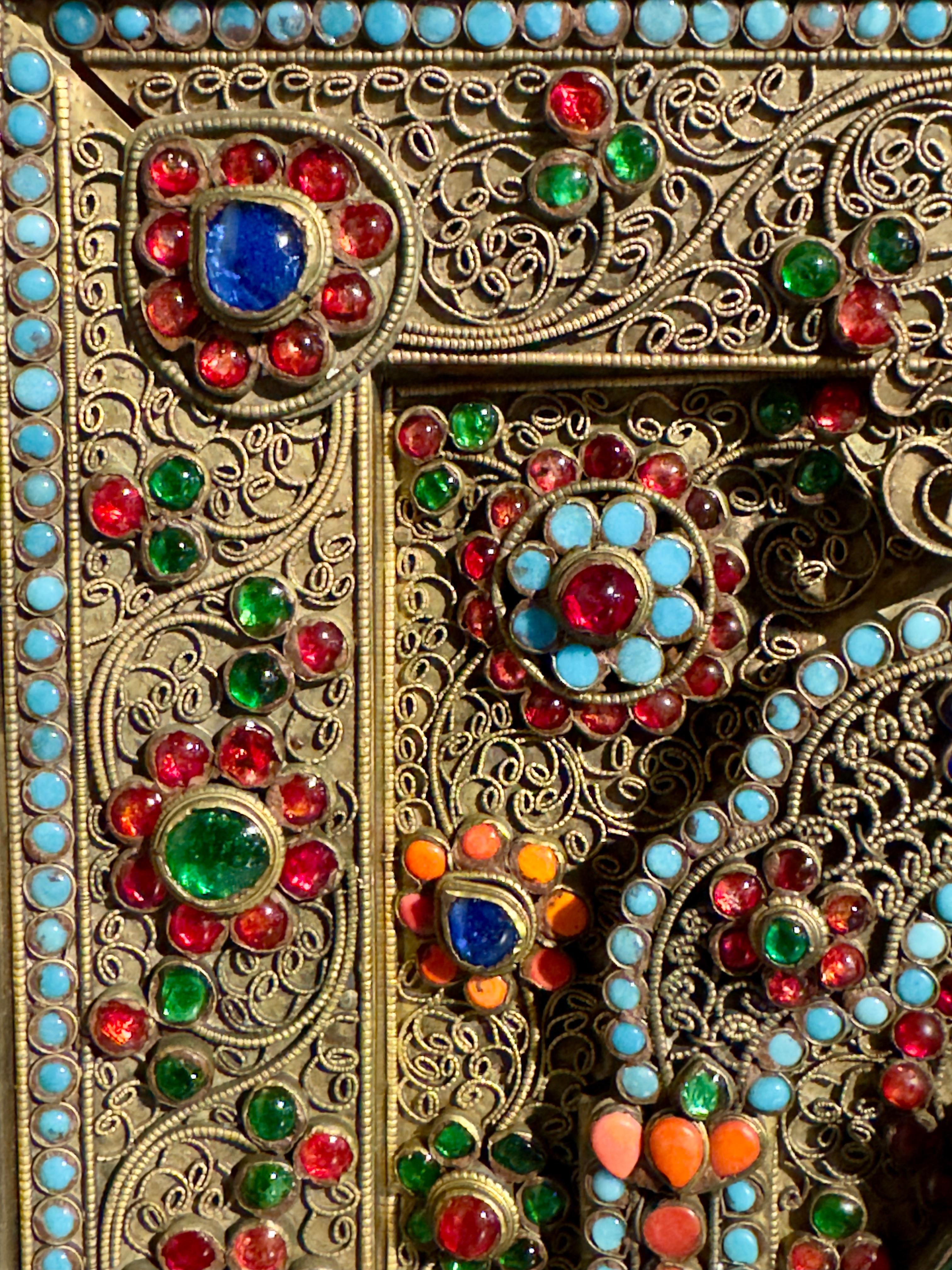 Nepalese Filigree and Stone and Glass Inlay Votive Plaque, circa 1900 For Sale 1