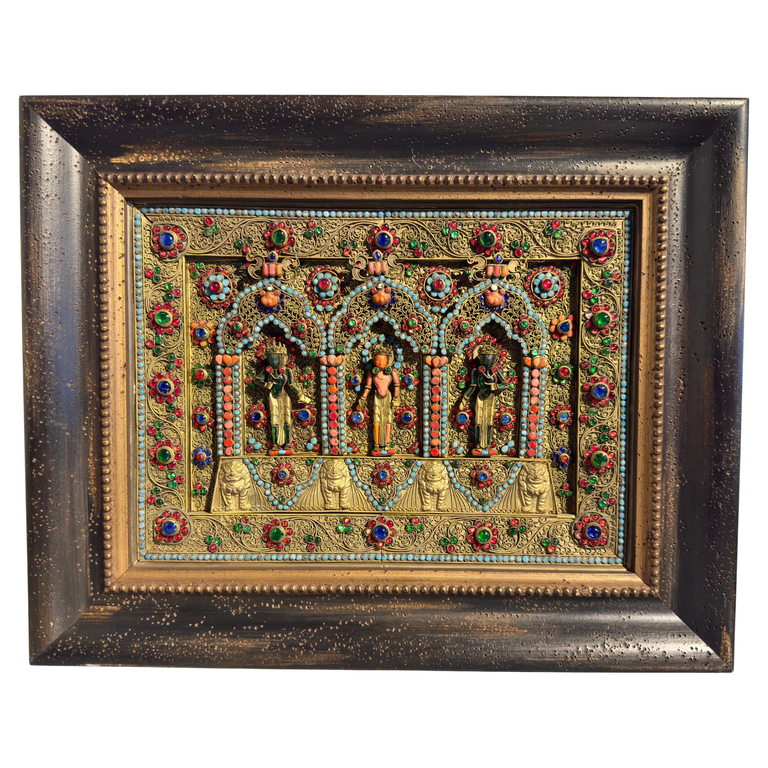 Nepalese Filigree and Stone and Glass Inlay Votive Plaque, circa 1900 For Sale