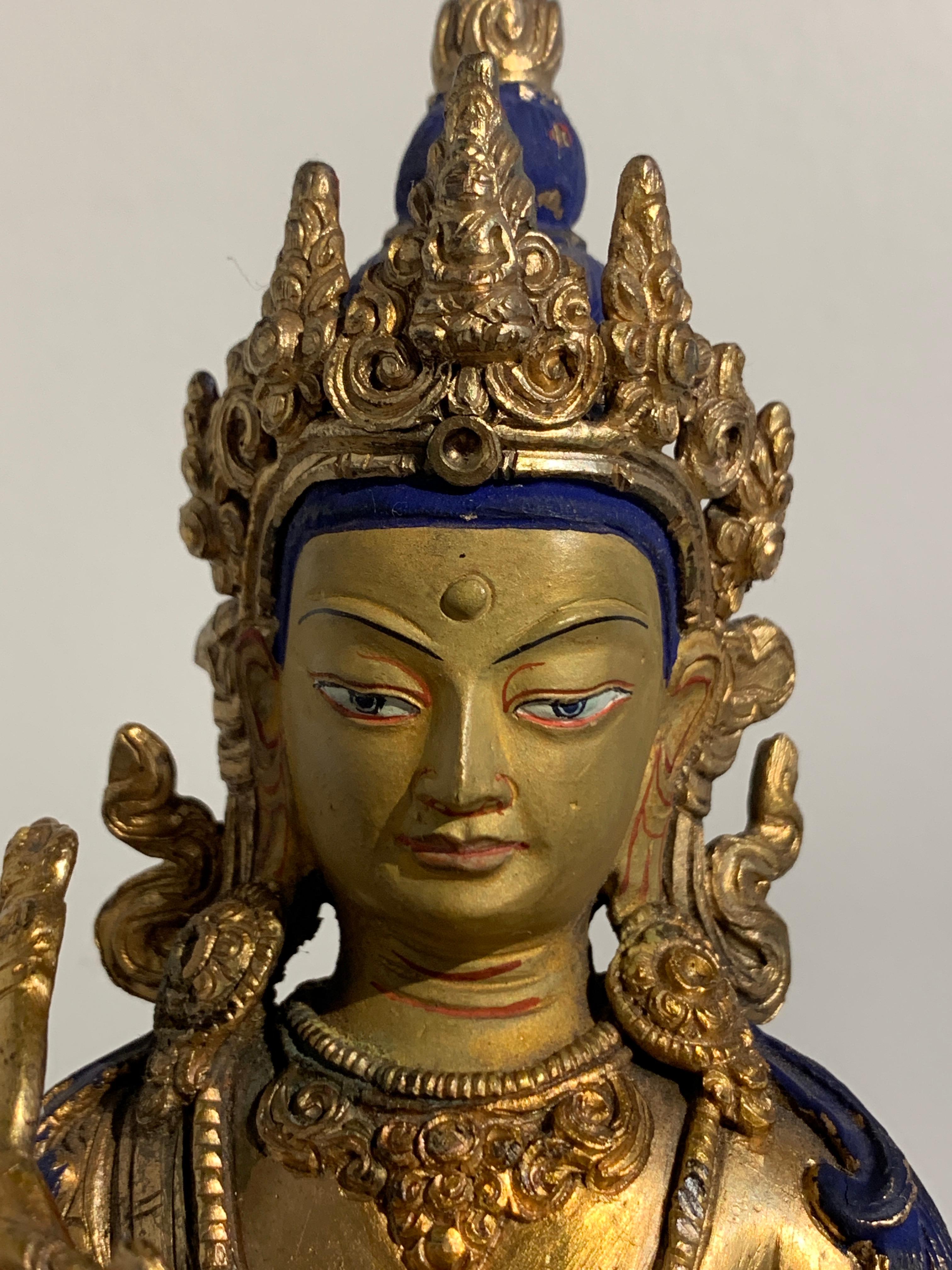 Cold-Painted Nepalese Gilt Bronze Bodhisattva 'Amoghapasha?', Early to Mid-20th Century For Sale