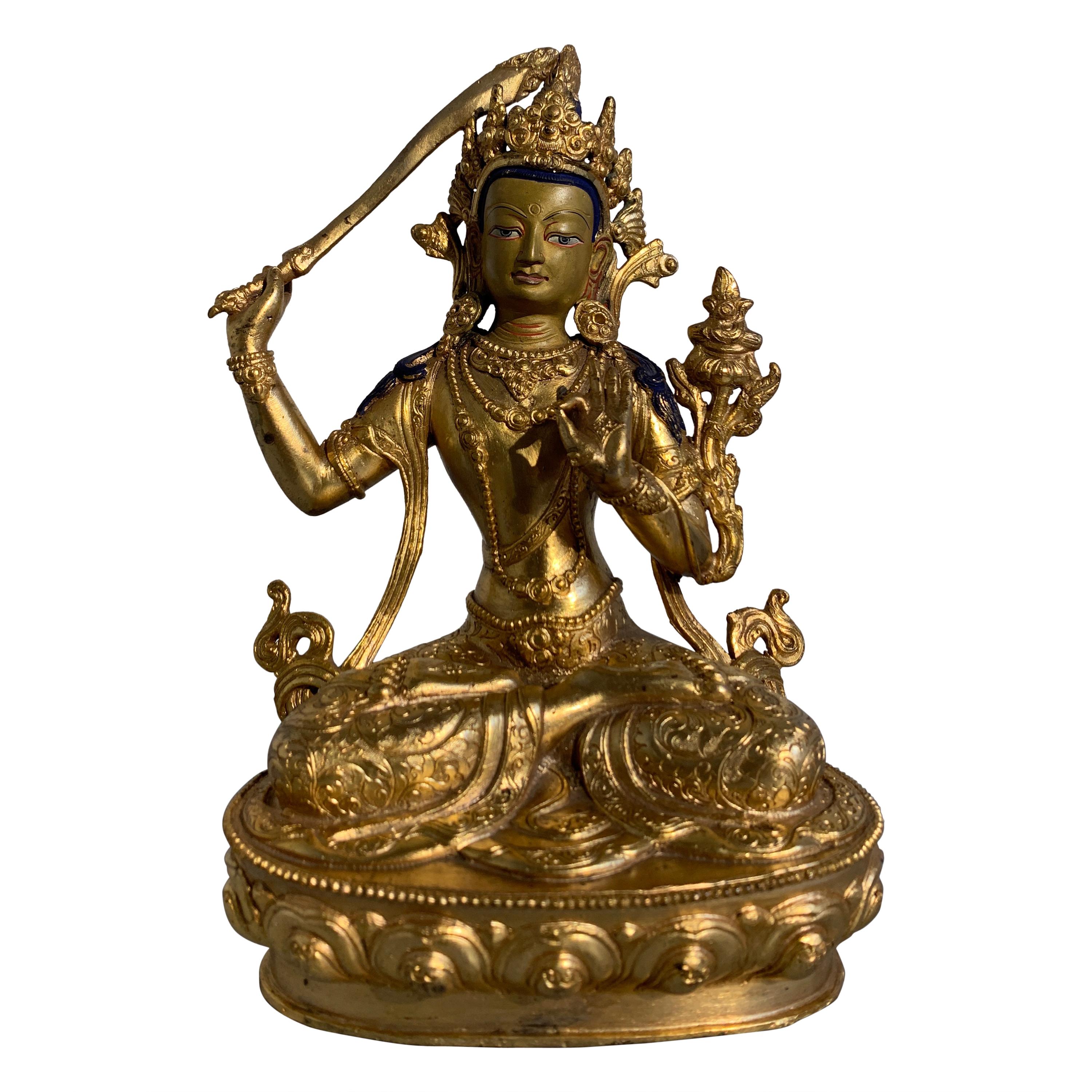 Nepalesische, buddhistische Figur des Manjushri aus vergoldeter Bronze, Anfang bis Mitte des 20. Jahrhunderts