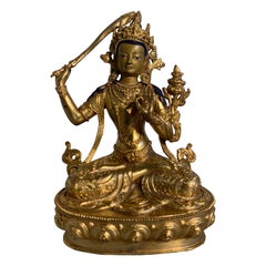 Vintage Nepalese Gilt Bronze Buddhist Figure of Manjushri, Early to Mid-20th Century