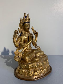 Nepalese Gilt Bronze Figure of Bodhisattva Chenrezig, Mid-20th Century