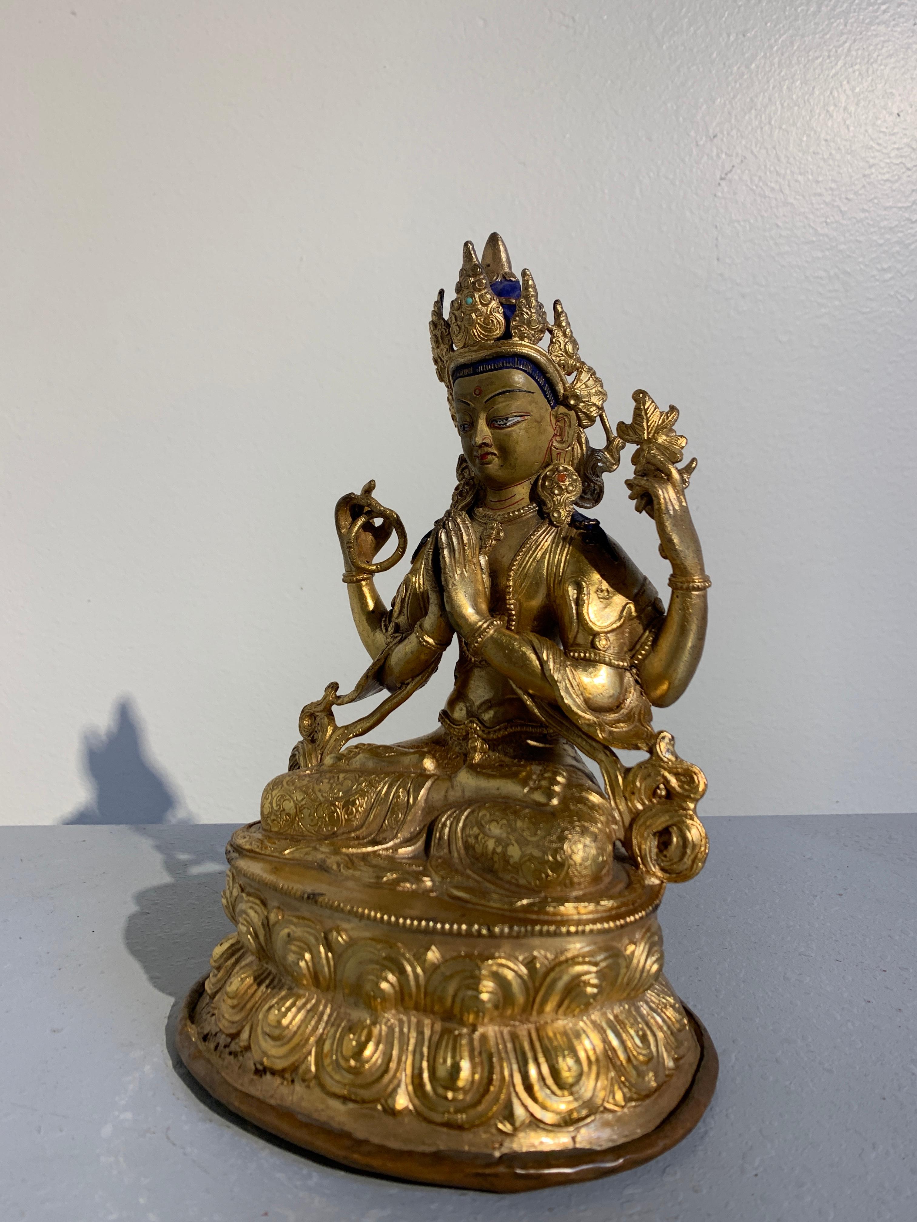 Cold-Painted Nepalese Gilt Bronze Figure of Bodhisattva Chenrezig, Mid-20th Century For Sale