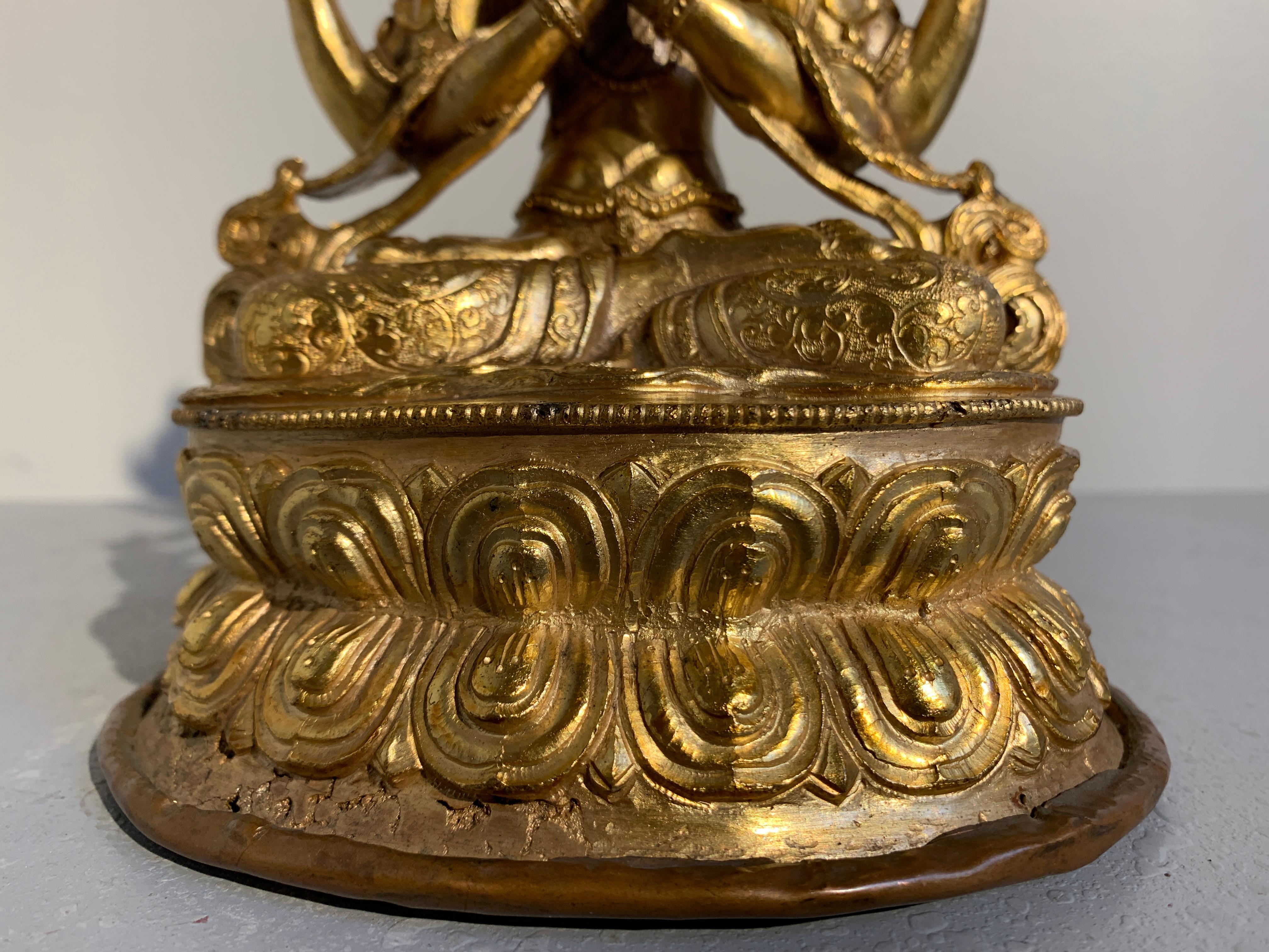 Coral Nepalese Gilt Bronze Figure of Bodhisattva Chenrezig, Mid-20th Century For Sale