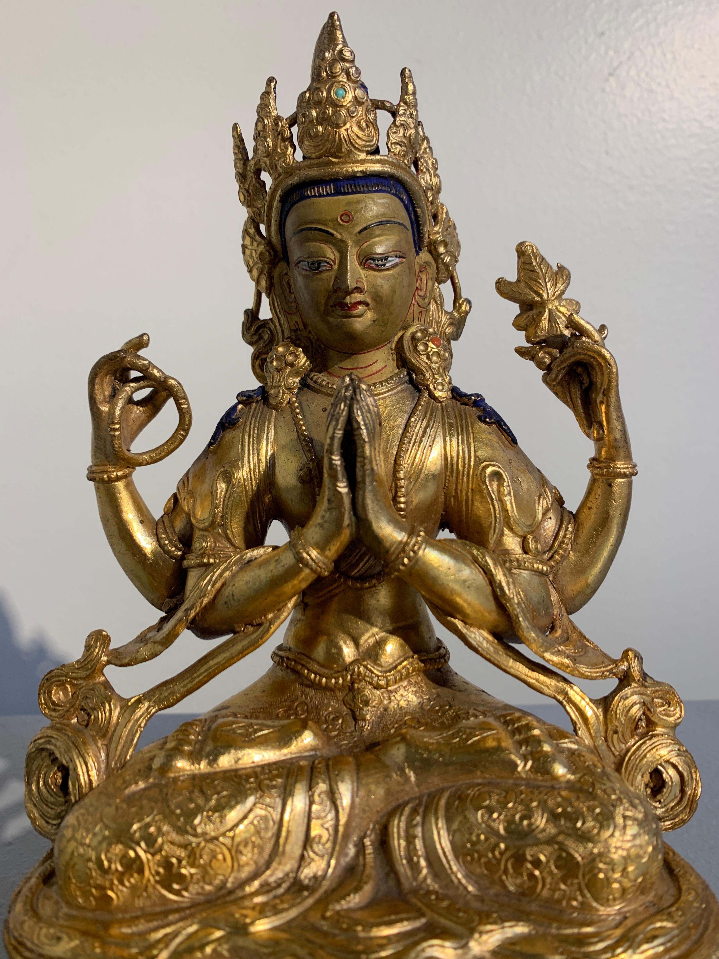 Nepalese Gilt Bronze Figure of Bodhisattva Chenrezig, Mid-20th Century For Sale 1