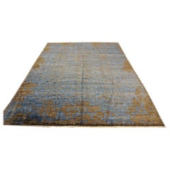 Nepalese Modern Silk 8 x 10 Blue & Golden Brown Handmade Area Rug