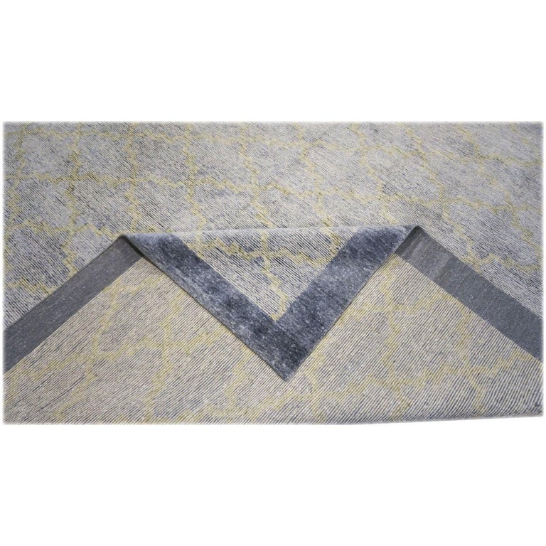 Nepalese Modern Wool and Silk 10x14 Slate Blue and Light Green Handmade