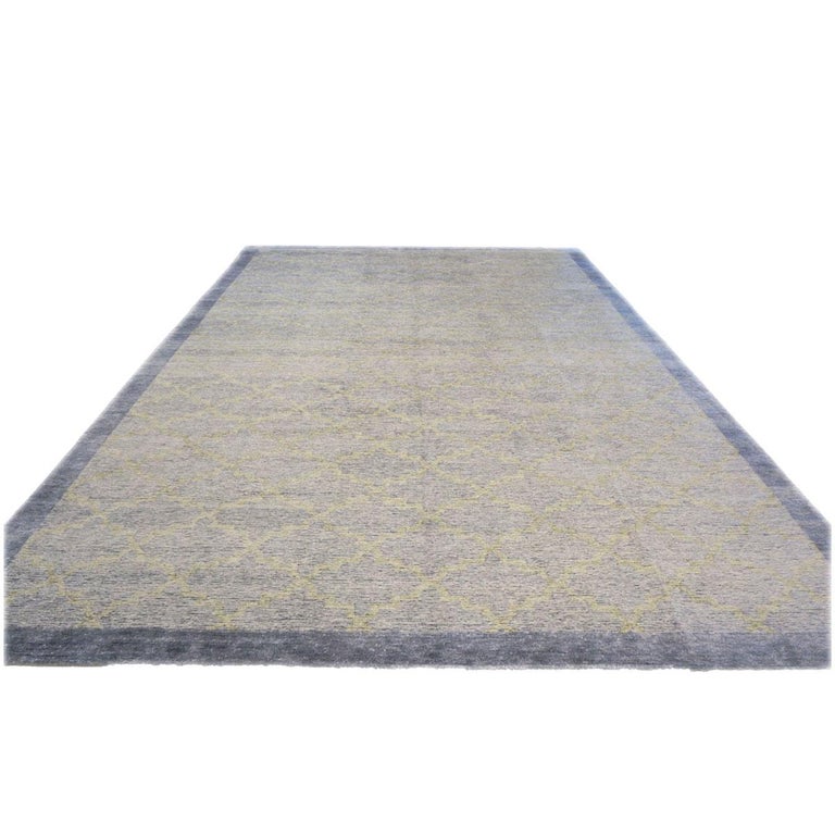 Nepalese Modern Wool and Silk 10x14 Slate Blue and Light Green Handmade