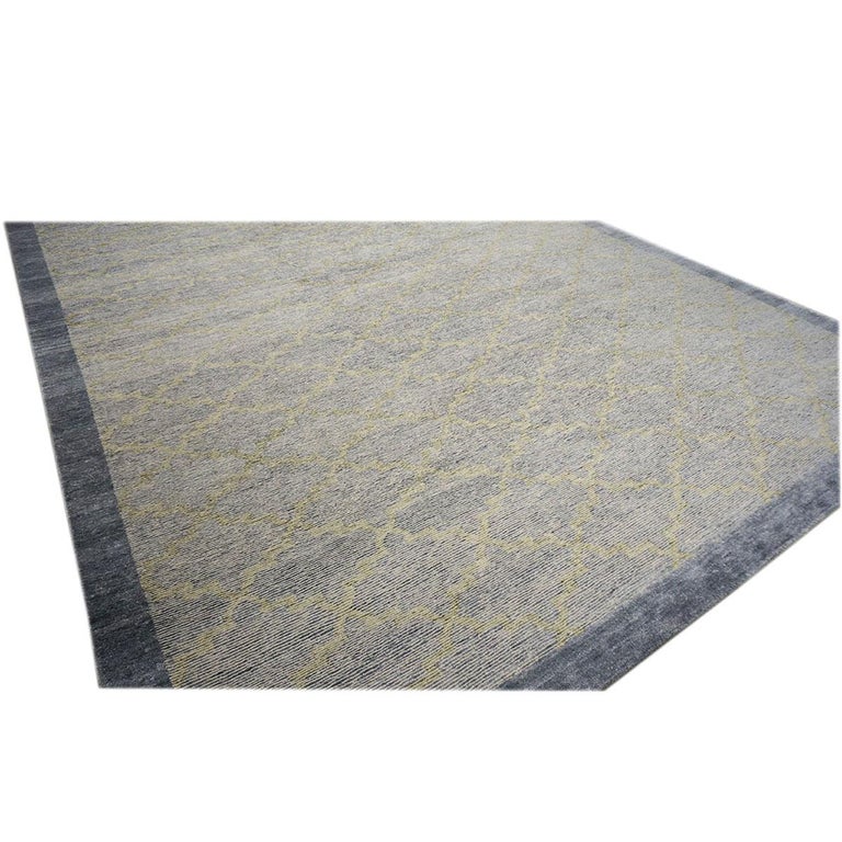 Nepalese Modern Wool and Silk 10x14 Slate Blue and Light Green Handmade