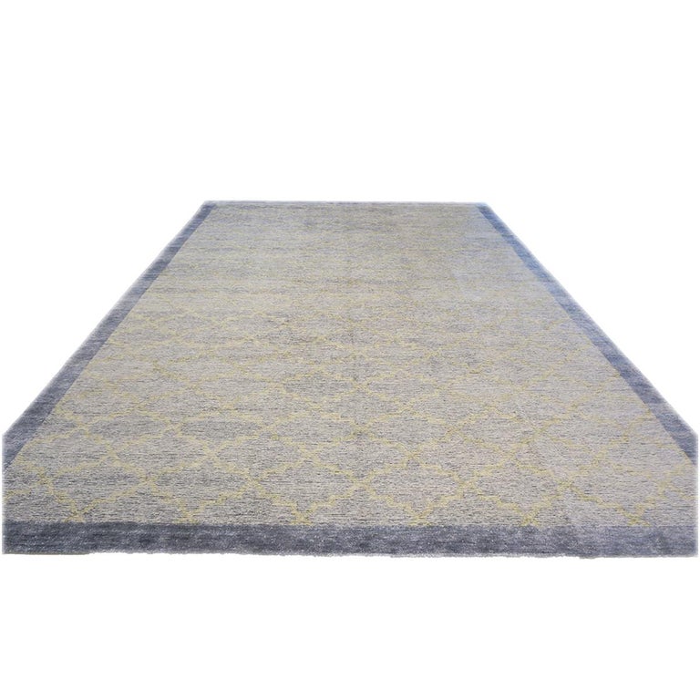 Nepalese Modern Wool and Silk 10x14 Slate Blue and Light Green Handmade