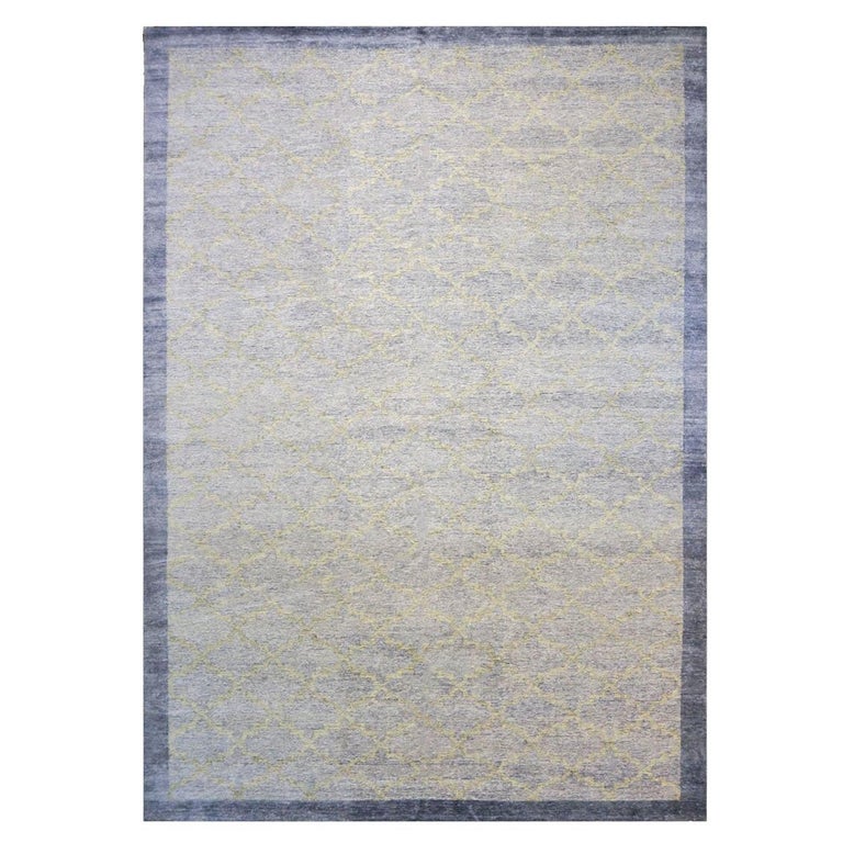 Nepalese Modern Wool and Silk 10x14 Slate Blue and Light Green Handmade Area Rug For Sale at 1stDibs