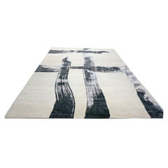 Alfombra de lana y seda Indian Modern Faye 9x12 Gris claro y negro hecha a mano