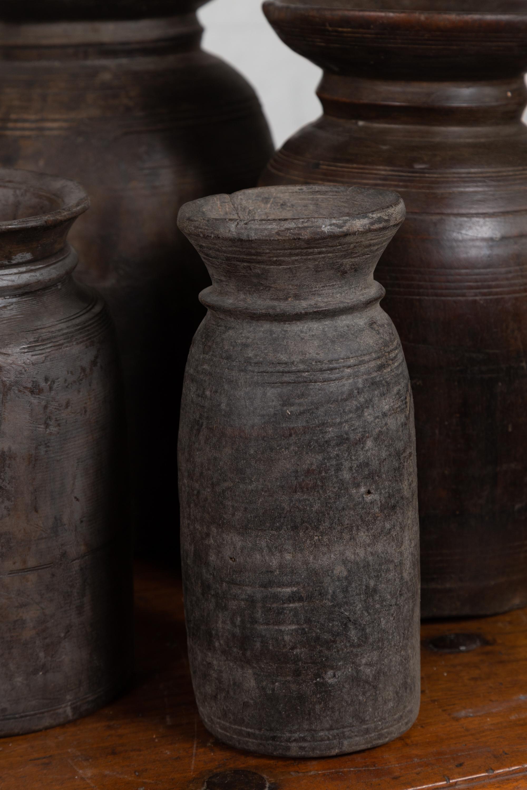 Nepalese Rustic Wooden Ghee Pots Sold in Sets of Three or Five For Sale 9