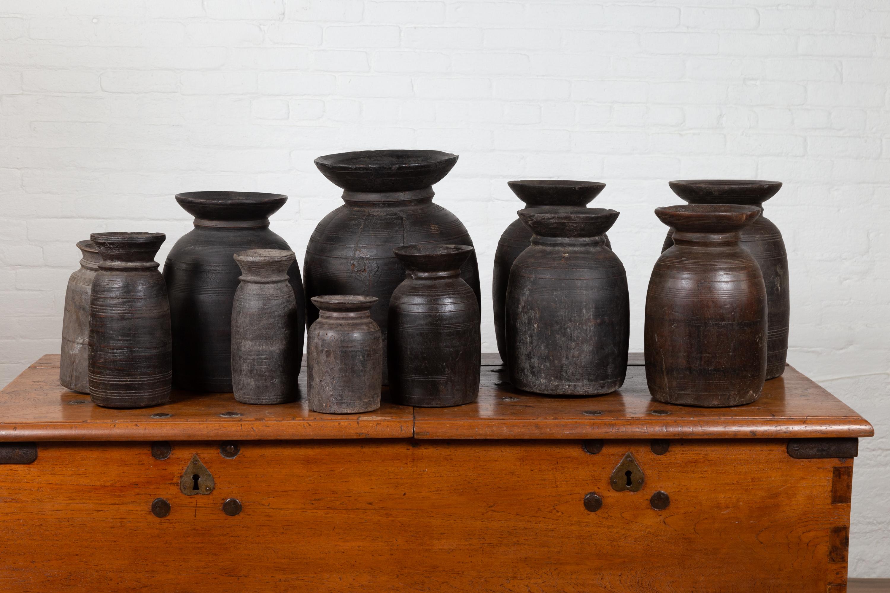 Nepalese Rustic Wooden Ghee Pots Sold in Sets of Three or Five For Sale 1