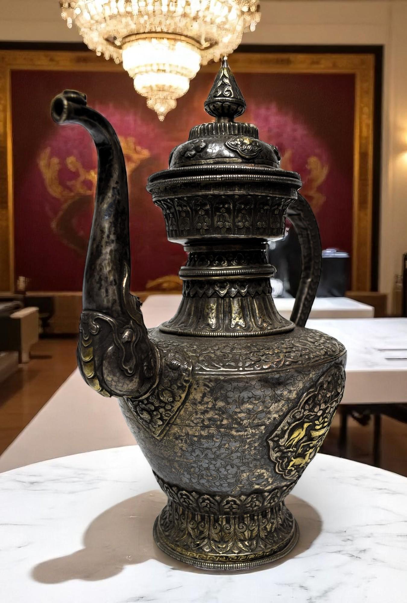 Nepalese Silver Ritual Ewer with Gilded Repoussé Panels, Late 19th Century For Sale 5