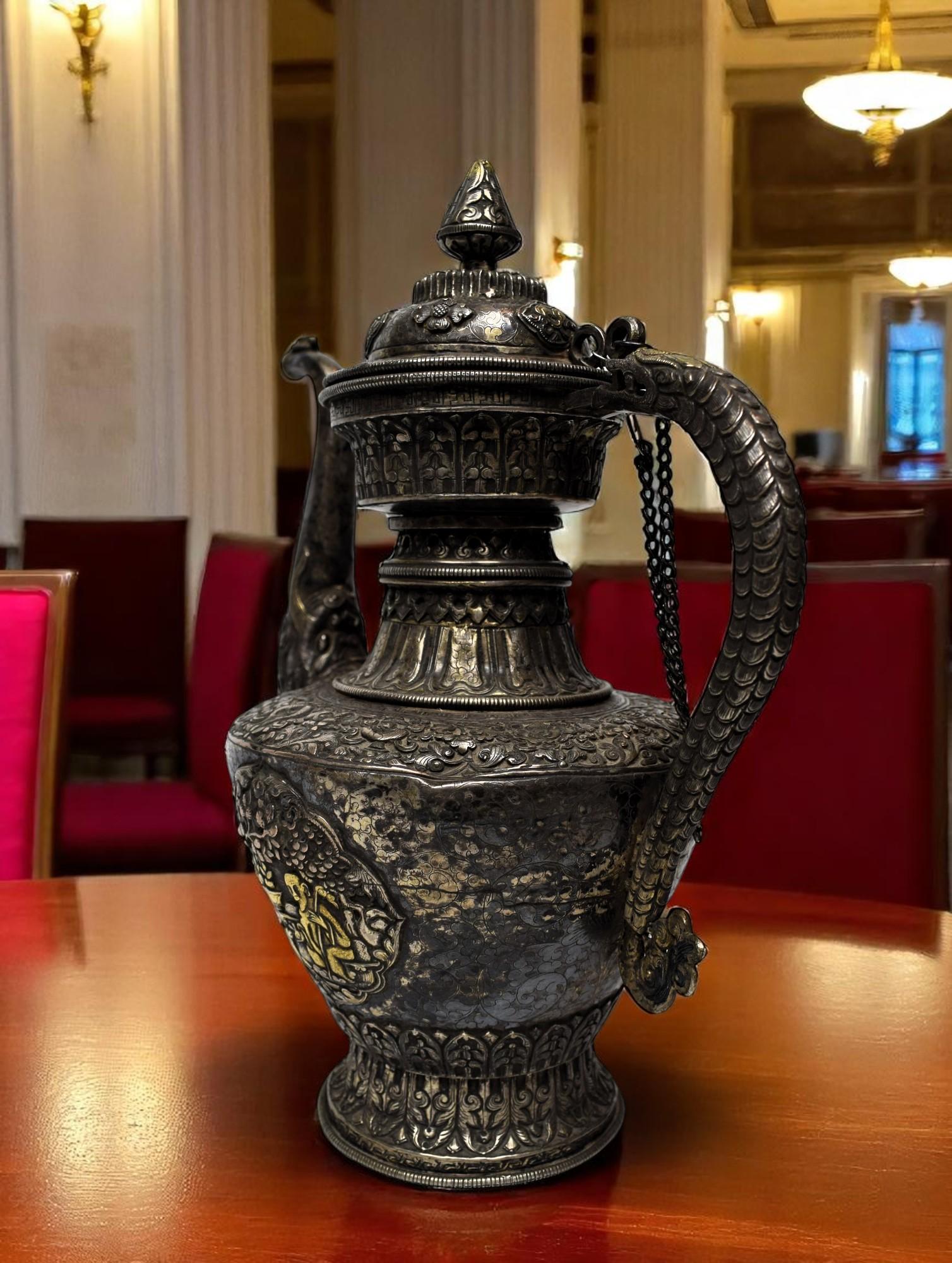 Nepalese Silver Ritual Ewer with Gilded Repoussé Panels, Late 19th Century For Sale 8