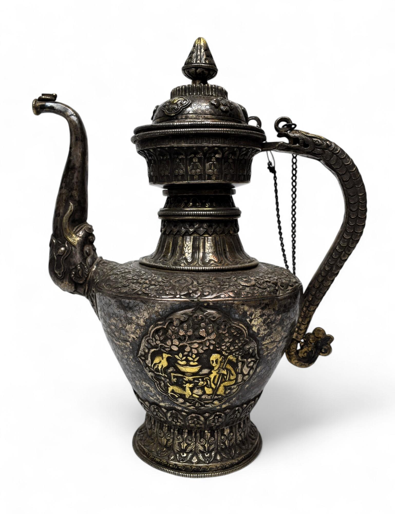 Folk Art Nepalese Silver Ritual Ewer with Gilded Repoussé Panels, Late 19th Century For Sale