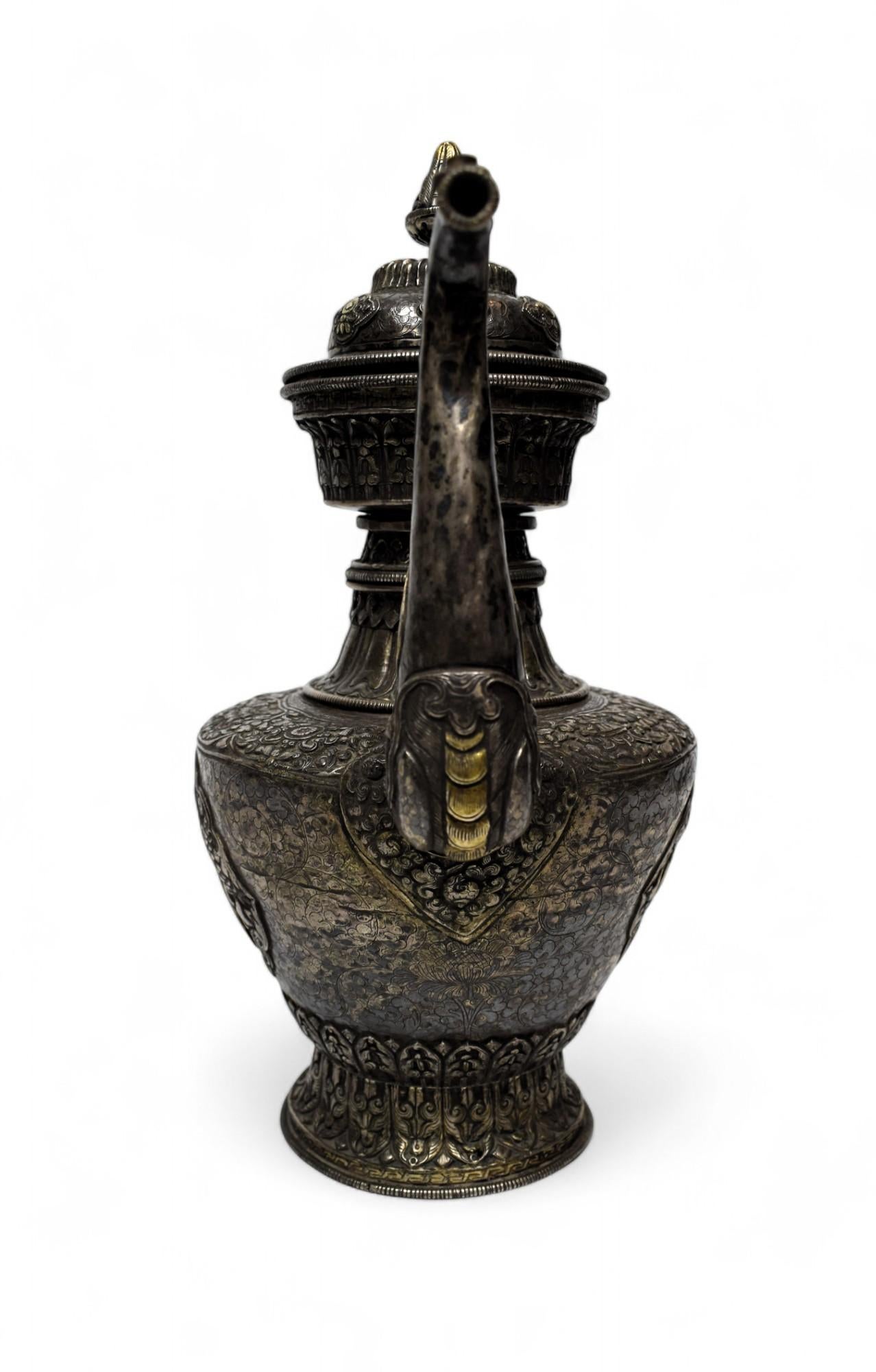Nepalese Silver Ritual Ewer with Gilded Repoussé Panels, Late 19th Century In Good Condition For Sale In Islamabad, PK
