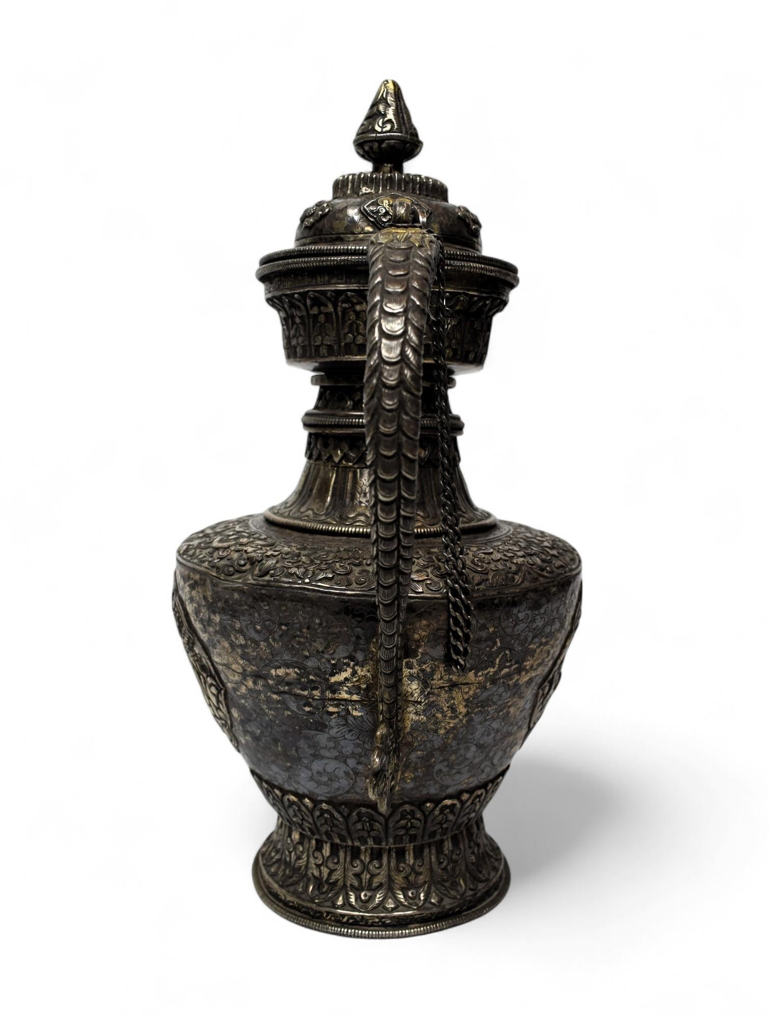Nepalese Silver Ritual Ewer with Gilded Repoussé Panels, Late 19th Century For Sale 1