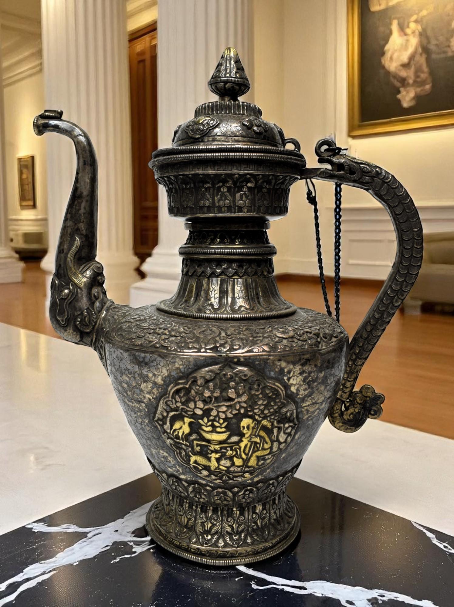 Nepalese Silver Ritual Ewer with Gilded Repoussé Panels, Late 19th Century For Sale 3
