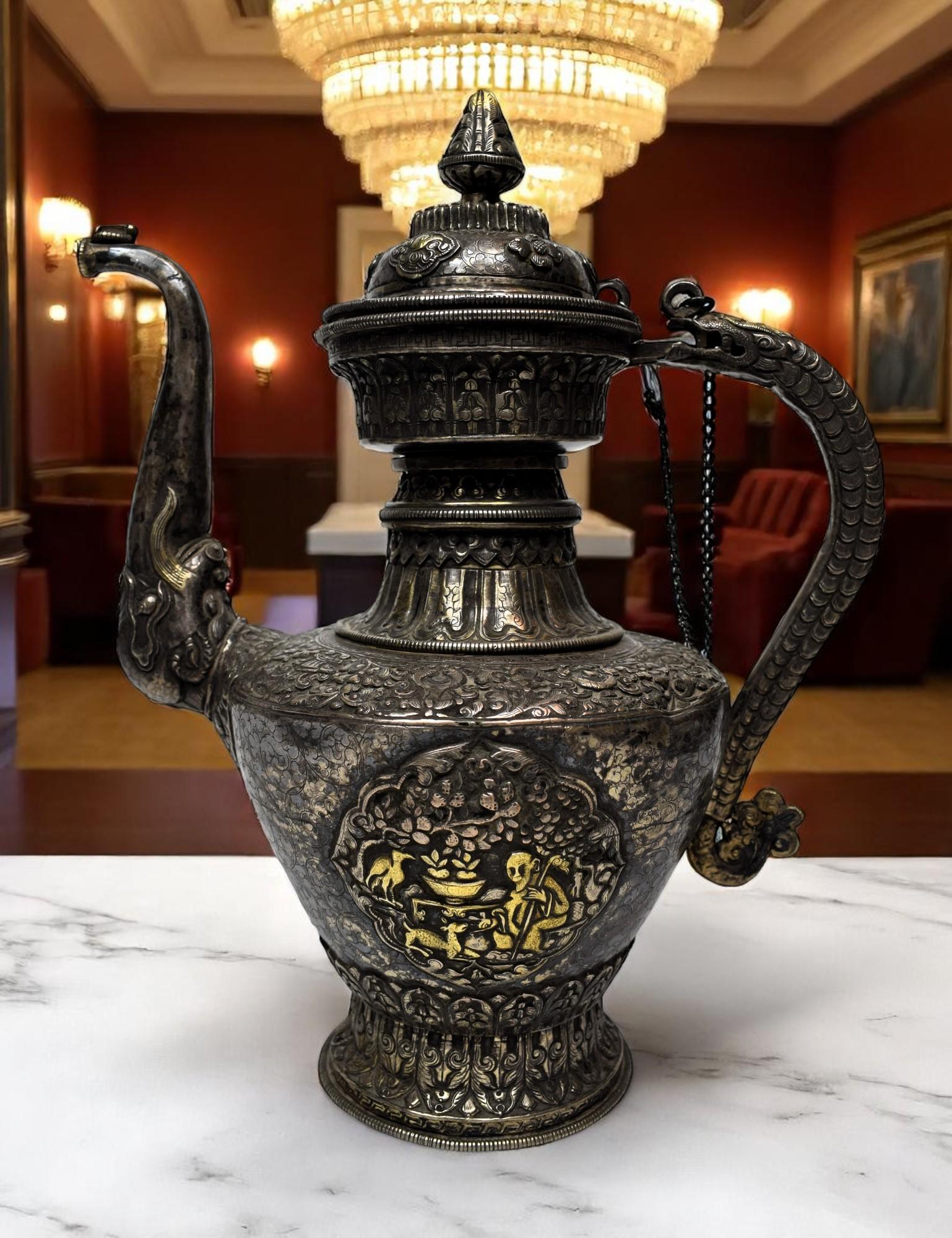 Nepalese Silver Ritual Ewer with Gilded Repoussé Panels, Late 19th Century For Sale 4