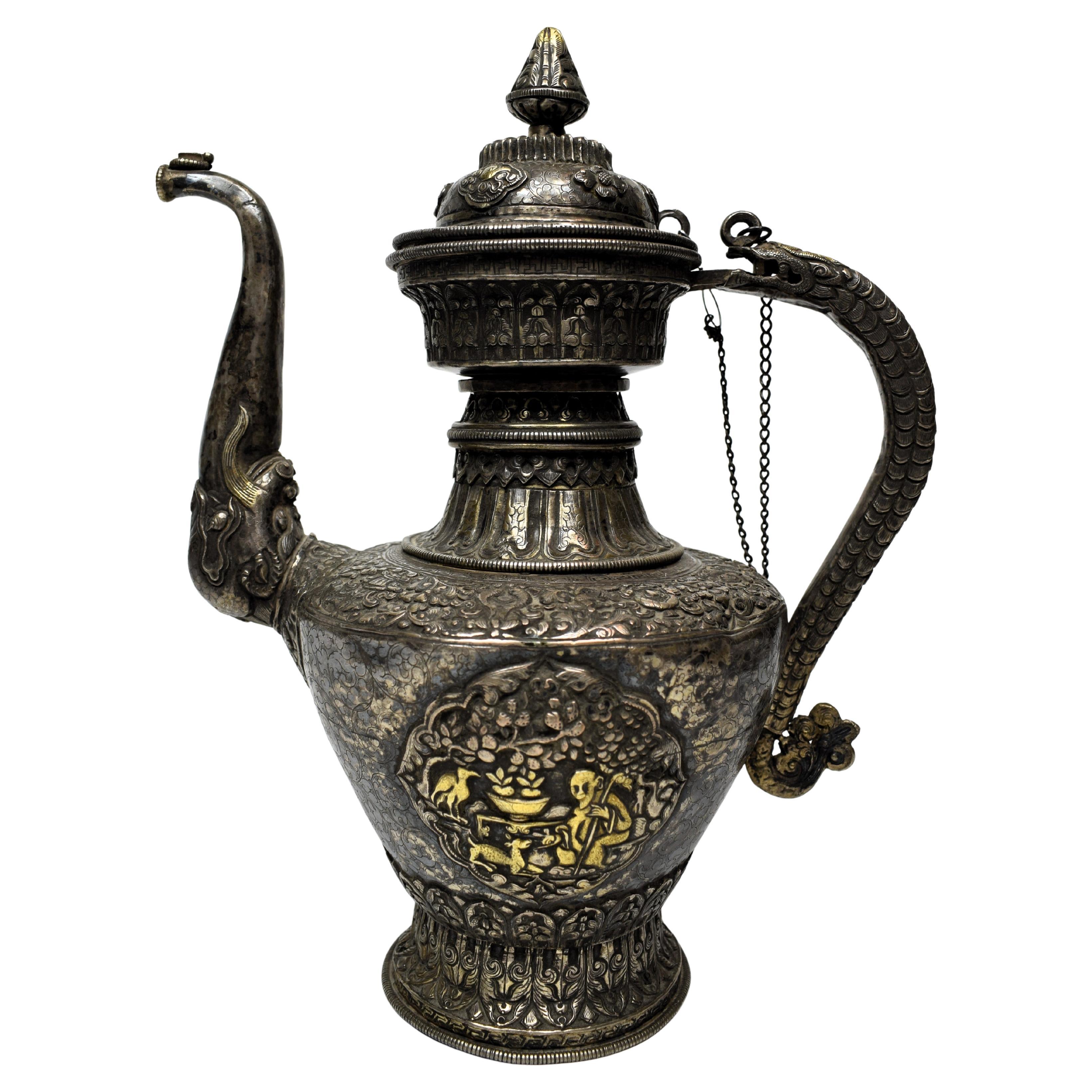 Nepalese Silver Ritual Ewer with Gilded Repoussé Panels, Late 19th Century For Sale