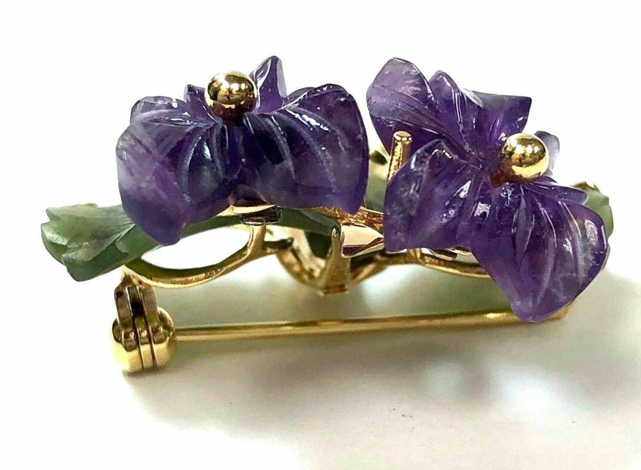 Nephrite Amethyst 14k Brooch Franz Breuning Germany, C.1950 In Good Condition In Toronto, ON