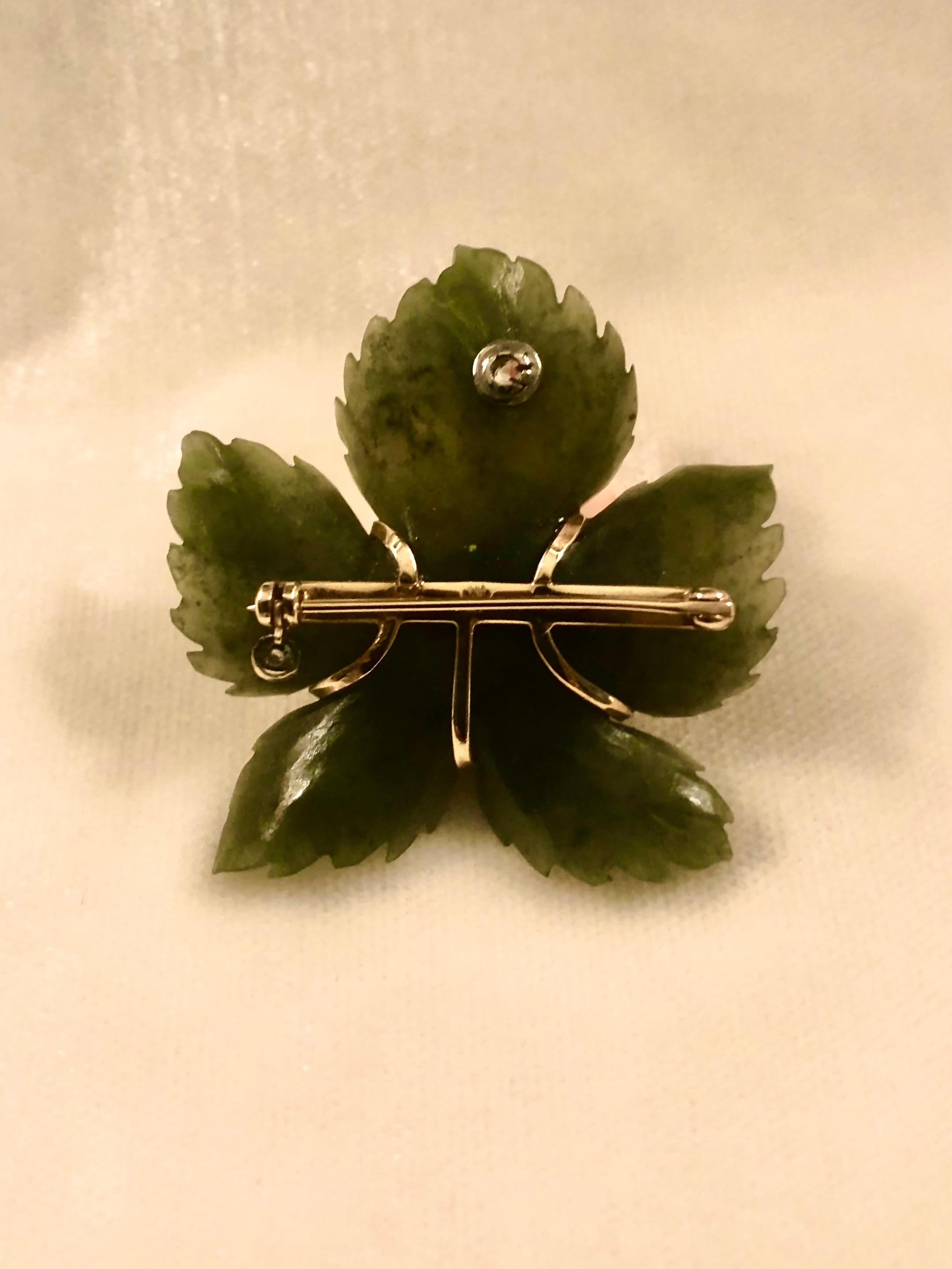 Mixed Cut Nephrite, Coral and Diamond brooch For Sale