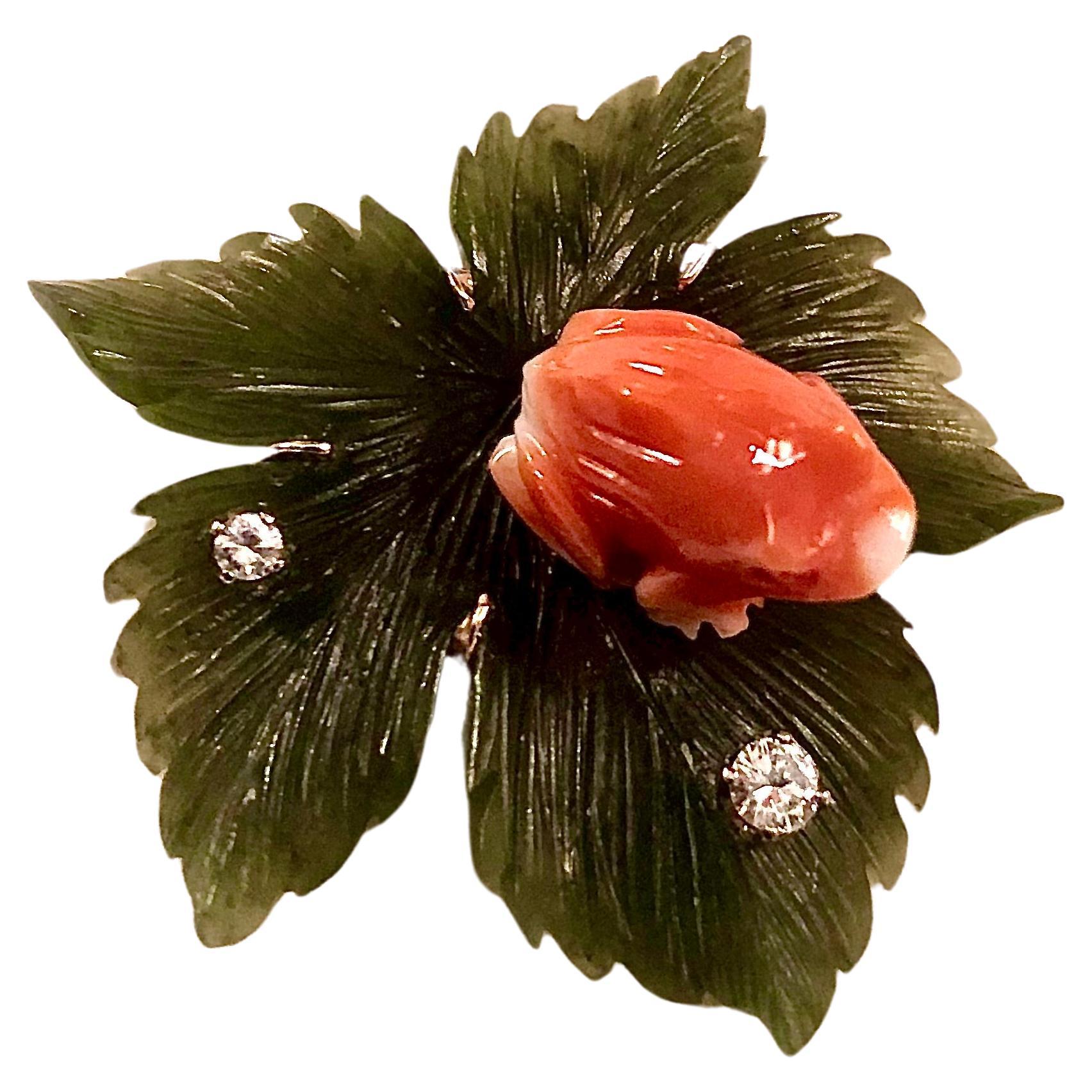 Nephrite, Coral and Diamond brooch For Sale