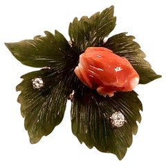 Nephrite, Coral and Diamond brooch