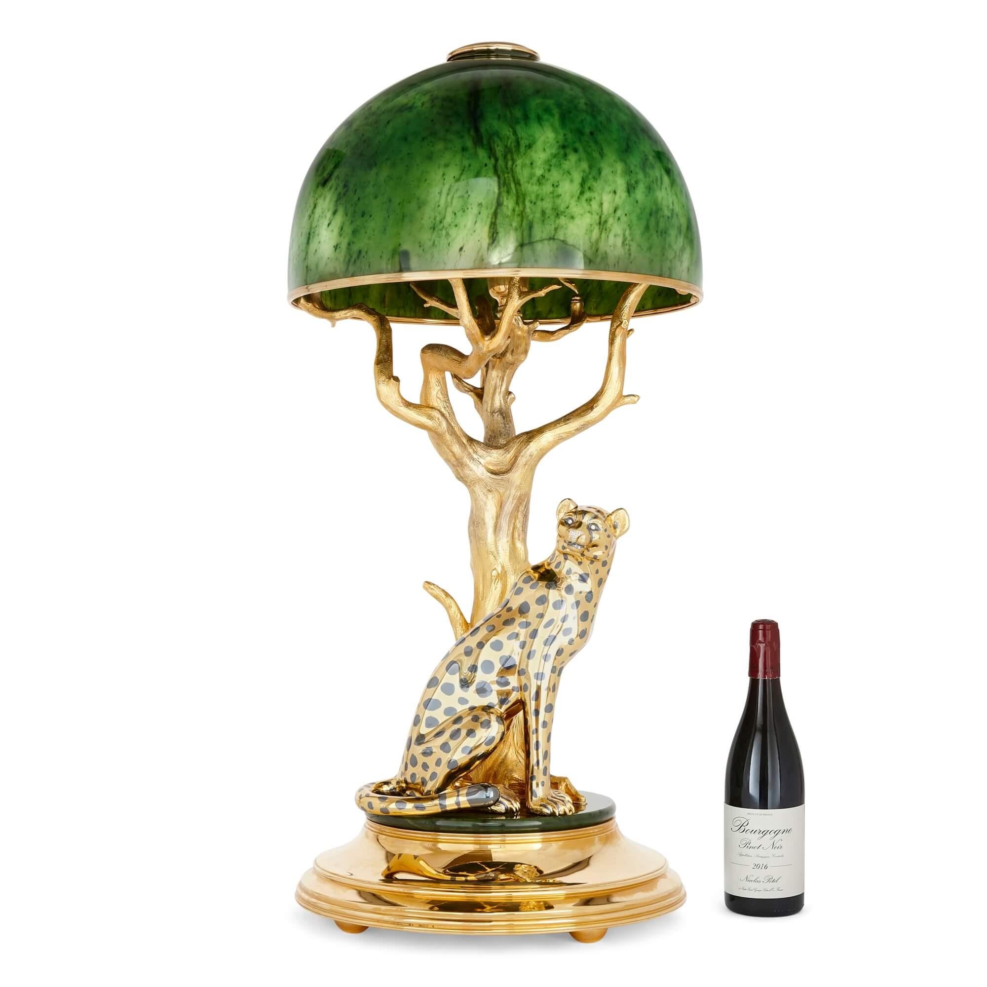 Modern Nephrite, Diamond, Silver and Gilt Metal Lamp with a Cheetah by Asprey