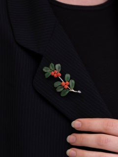 Nephrite Jade and Coral 'Mistletoe' Brooch