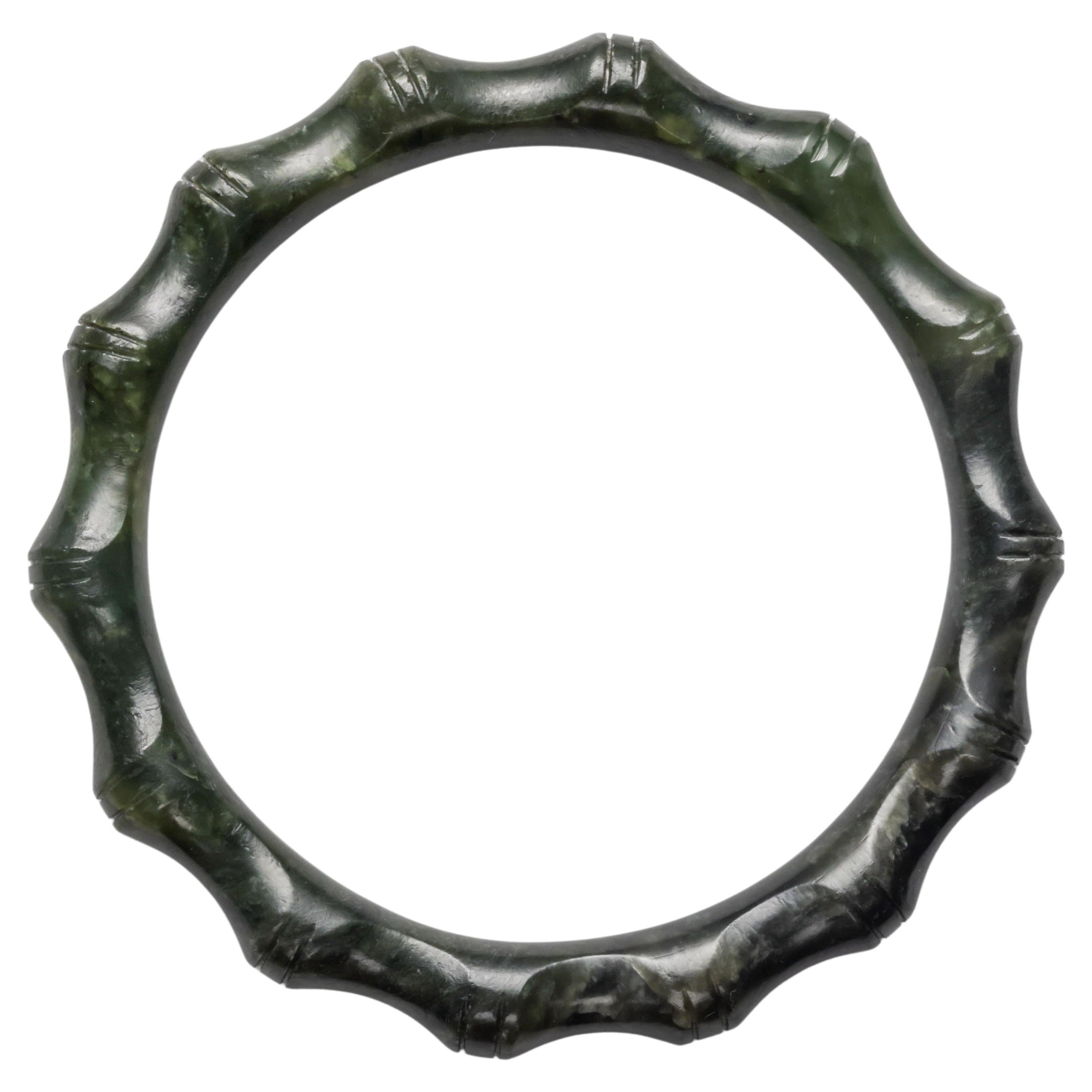 Nephrite Jade Bangle Bamboo Motif Motif Mid-Century