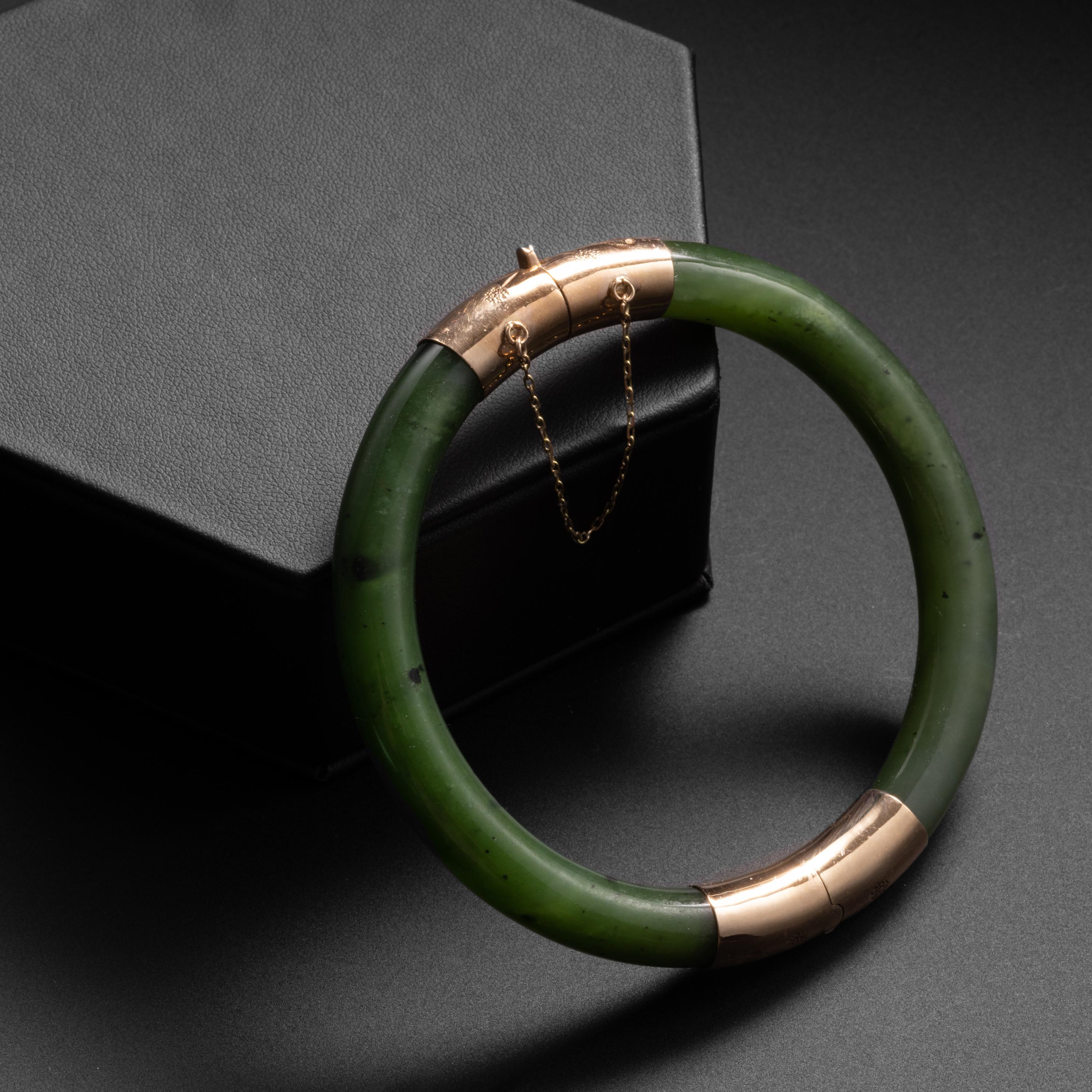 Round Cut Nephrite Jade Bangle with 14K Hinge Estate