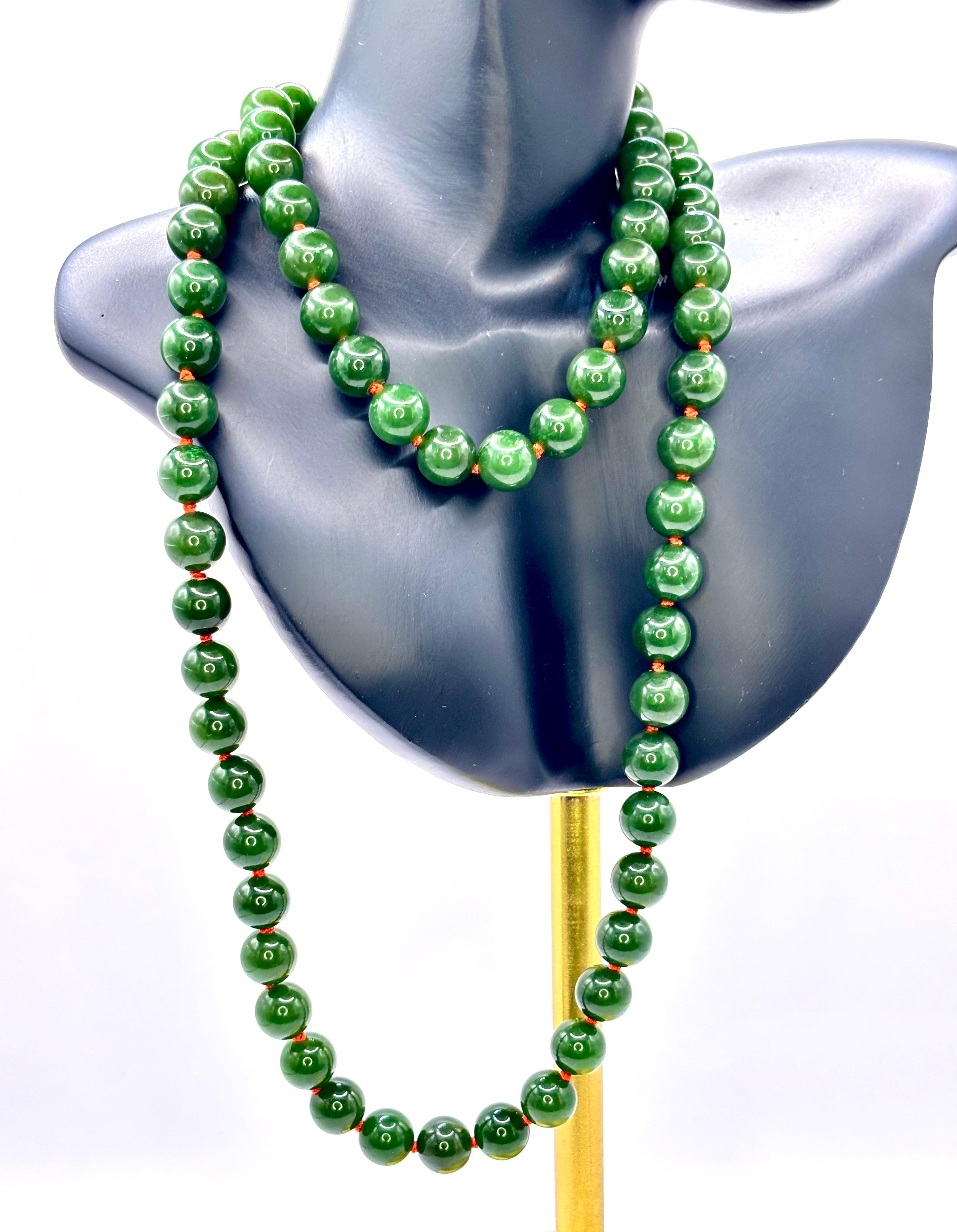 Mid-20th Century Nephrite Jade Bead Necklace, 80 Beads, 119 Grams