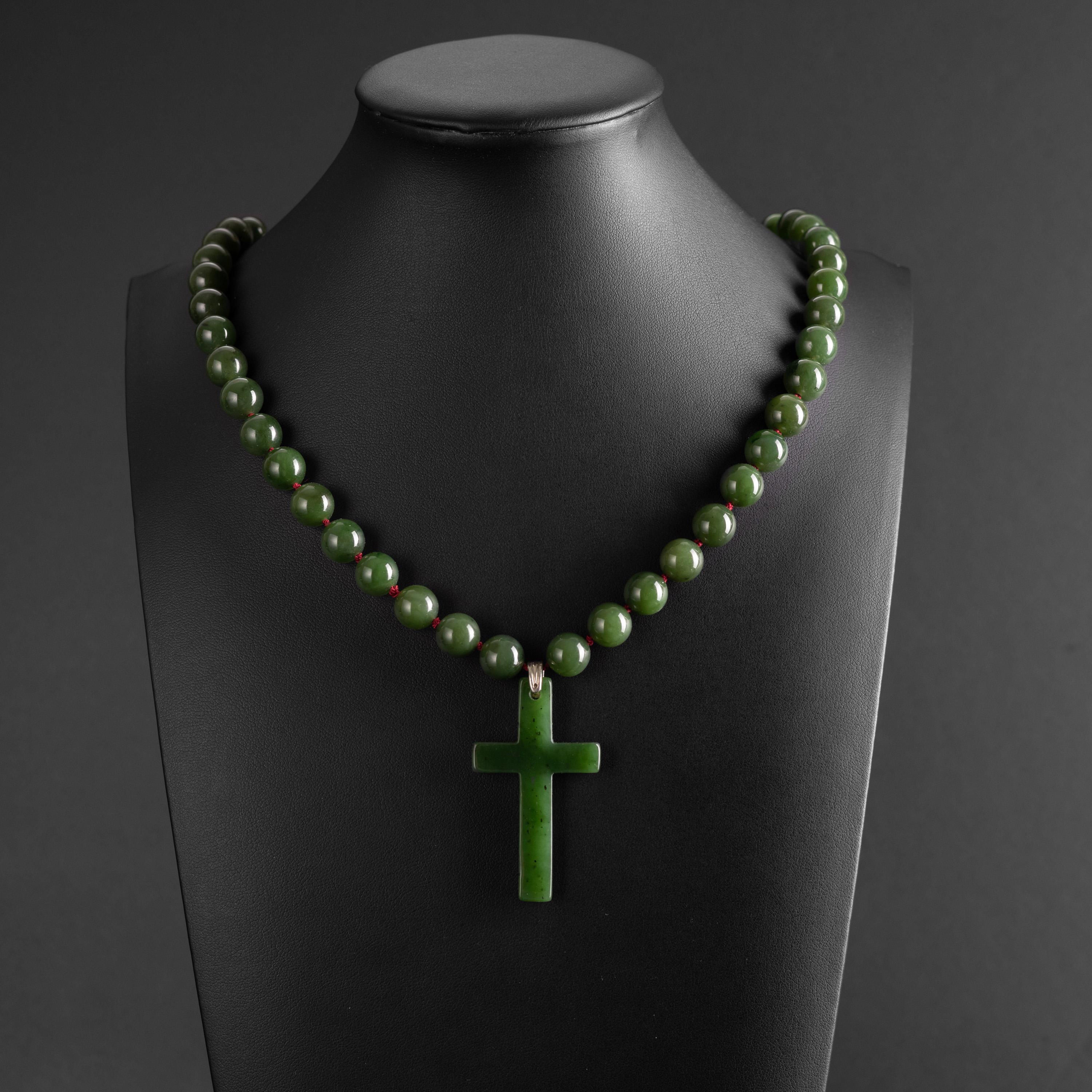 Artisan Nephrite Jade Beaded Cross Necklace Certified Untreated