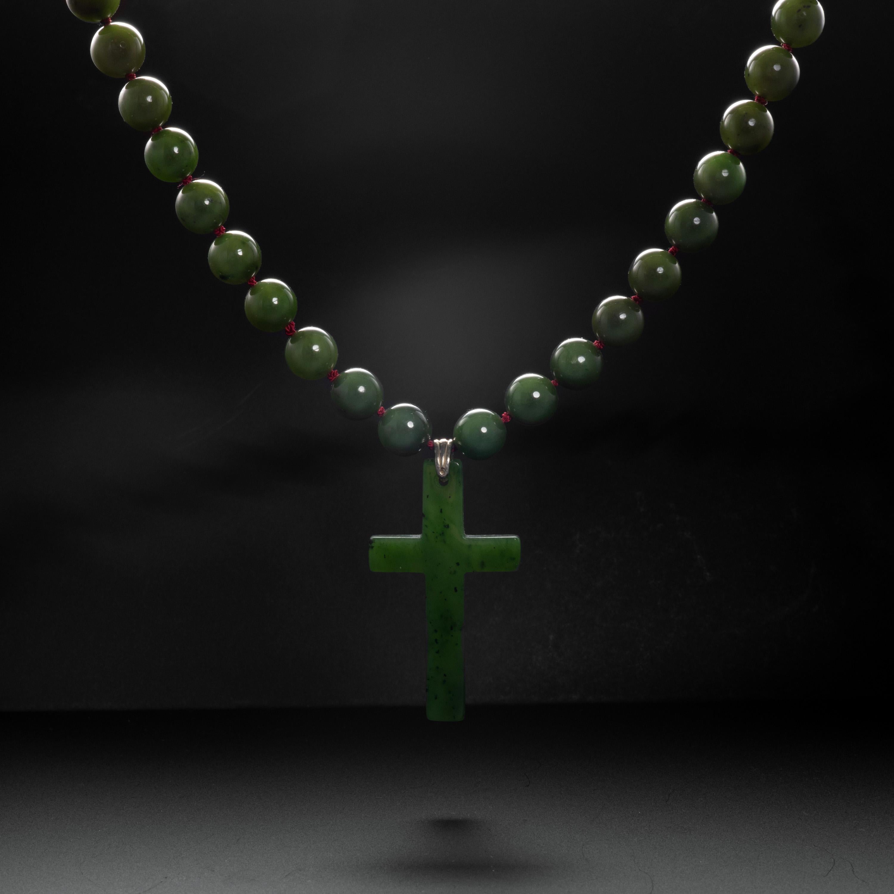 Women's or Men's Nephrite Jade Beaded Cross Necklace Certified Untreated