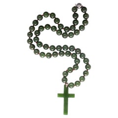 Nephrite Jade Beaded Cross Necklace Certified Untreated