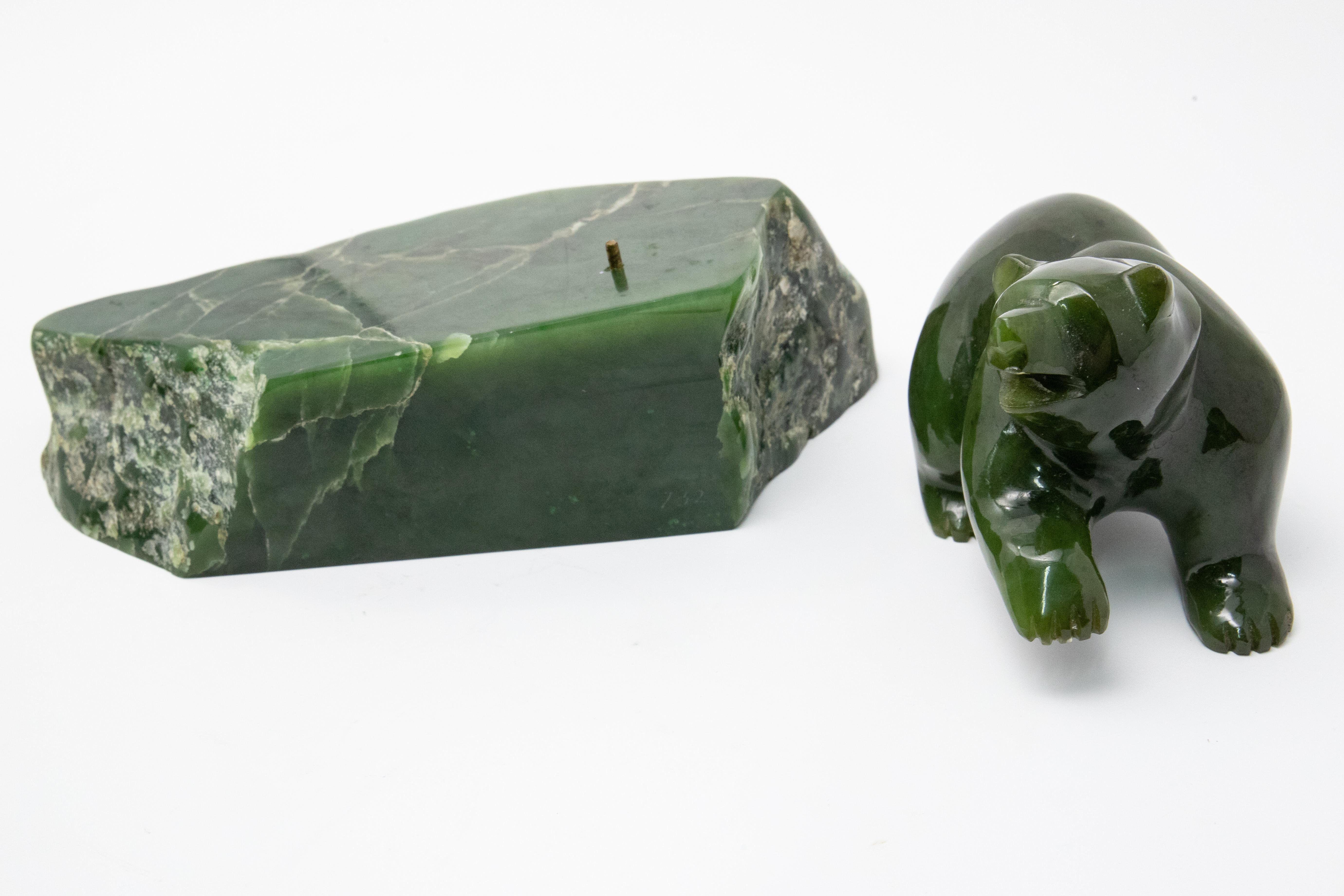 Canadian Nephrite Jade Bear Carved and Polished For Sale