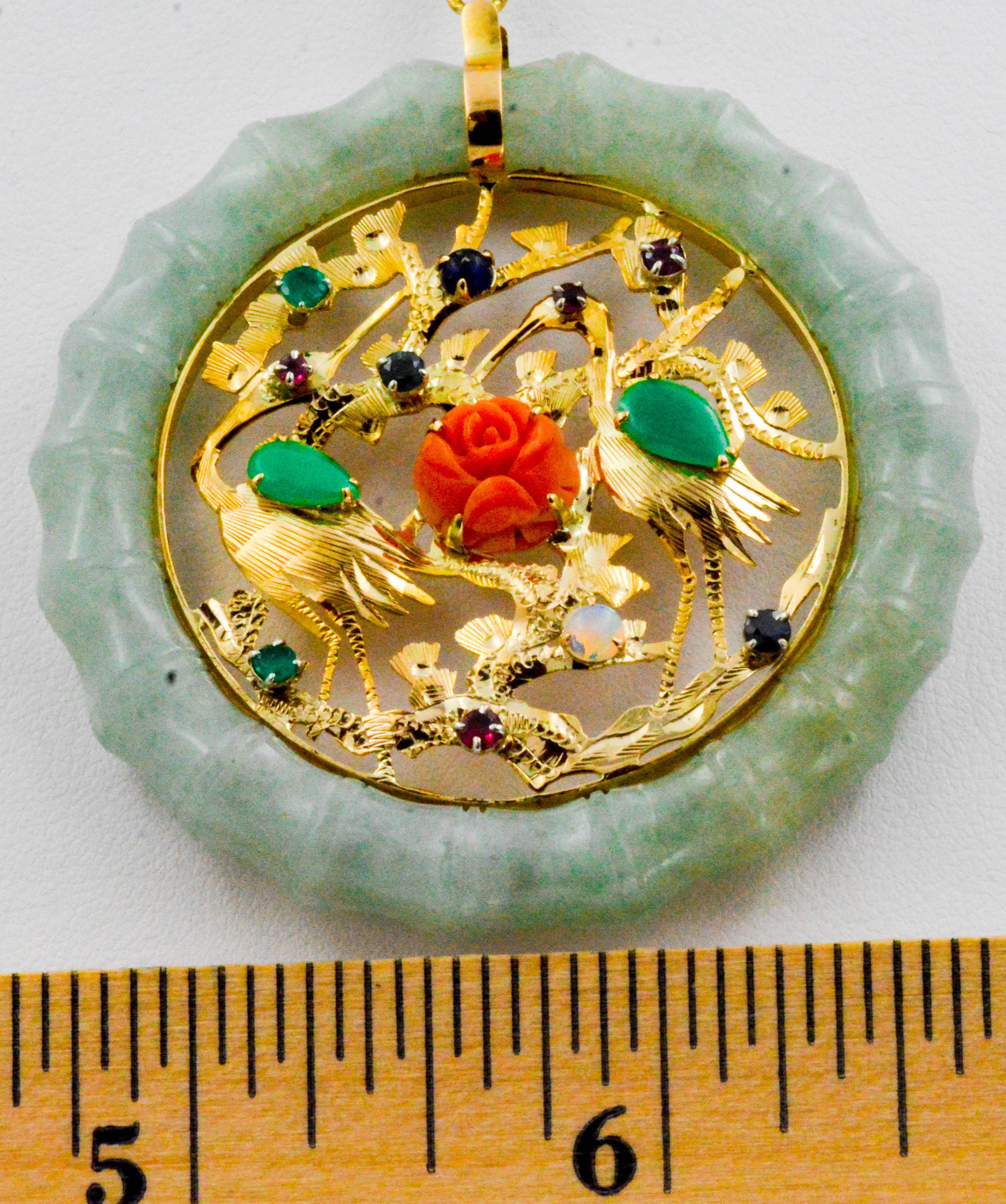 Modern Nephrite Jade, Coral, Lapis, Emerald, Ruby, Sapphire, Opal 14 Karat Gold Pendant