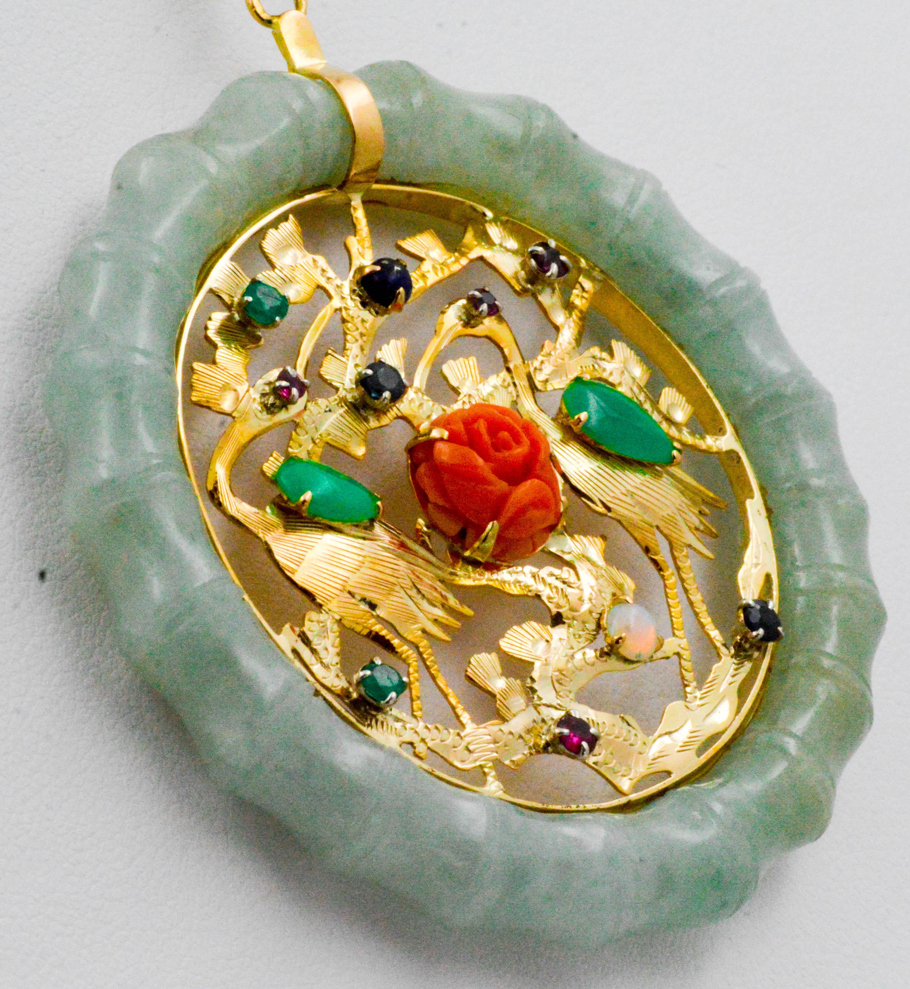 Nephrite Jade, Coral, Lapis, Emerald, Ruby, Sapphire, Opal 14 Karat Gold Pendant 1