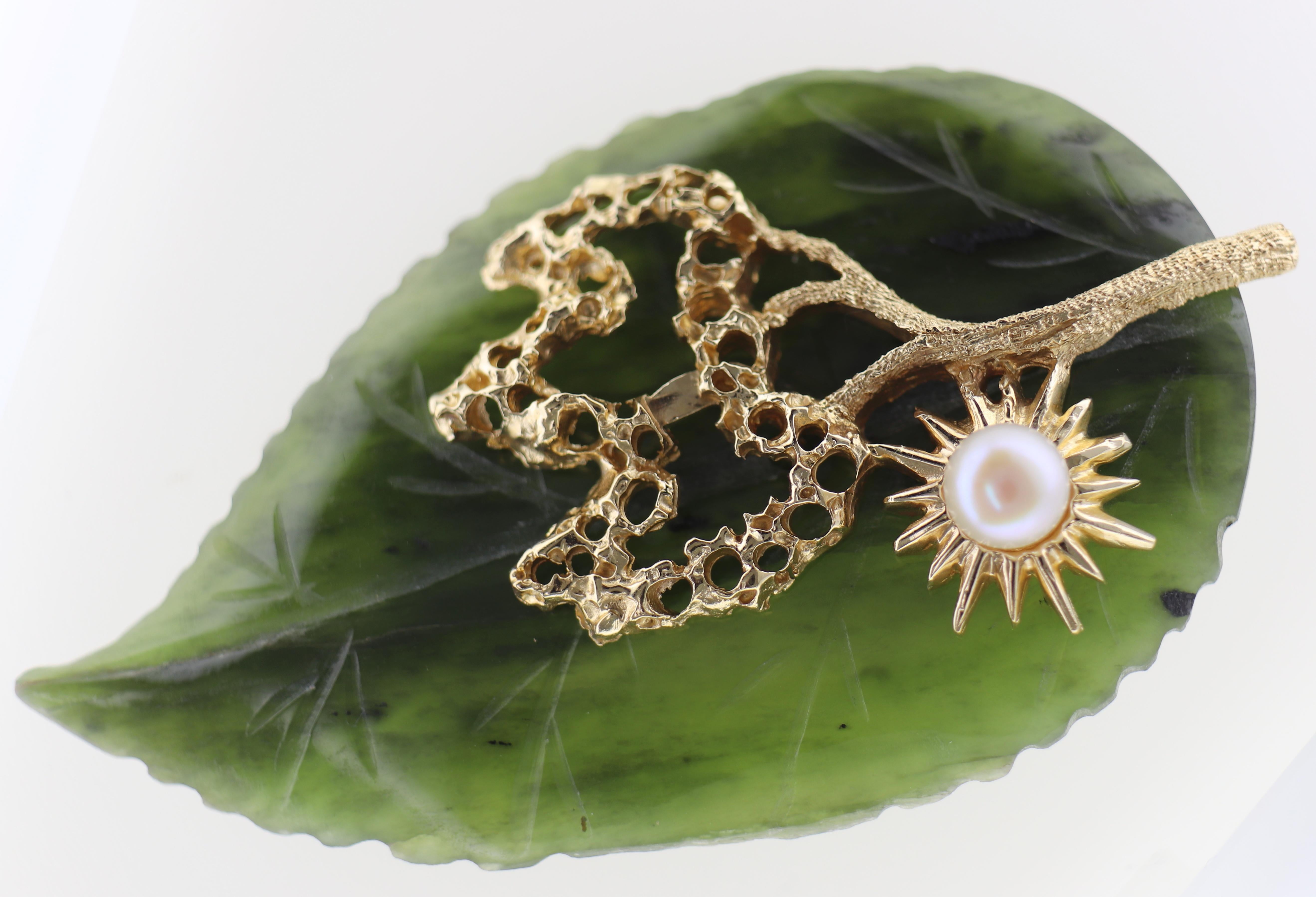 Artisan Nephrite Jade, Cultured Pearl, 14K Yellow Gold Brooch For Sale