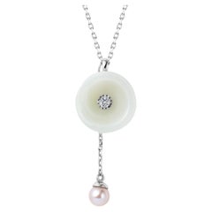 Nephrite Jade, Dia and Pearl Drop Flower Pendant Necklace in 14K White Gold