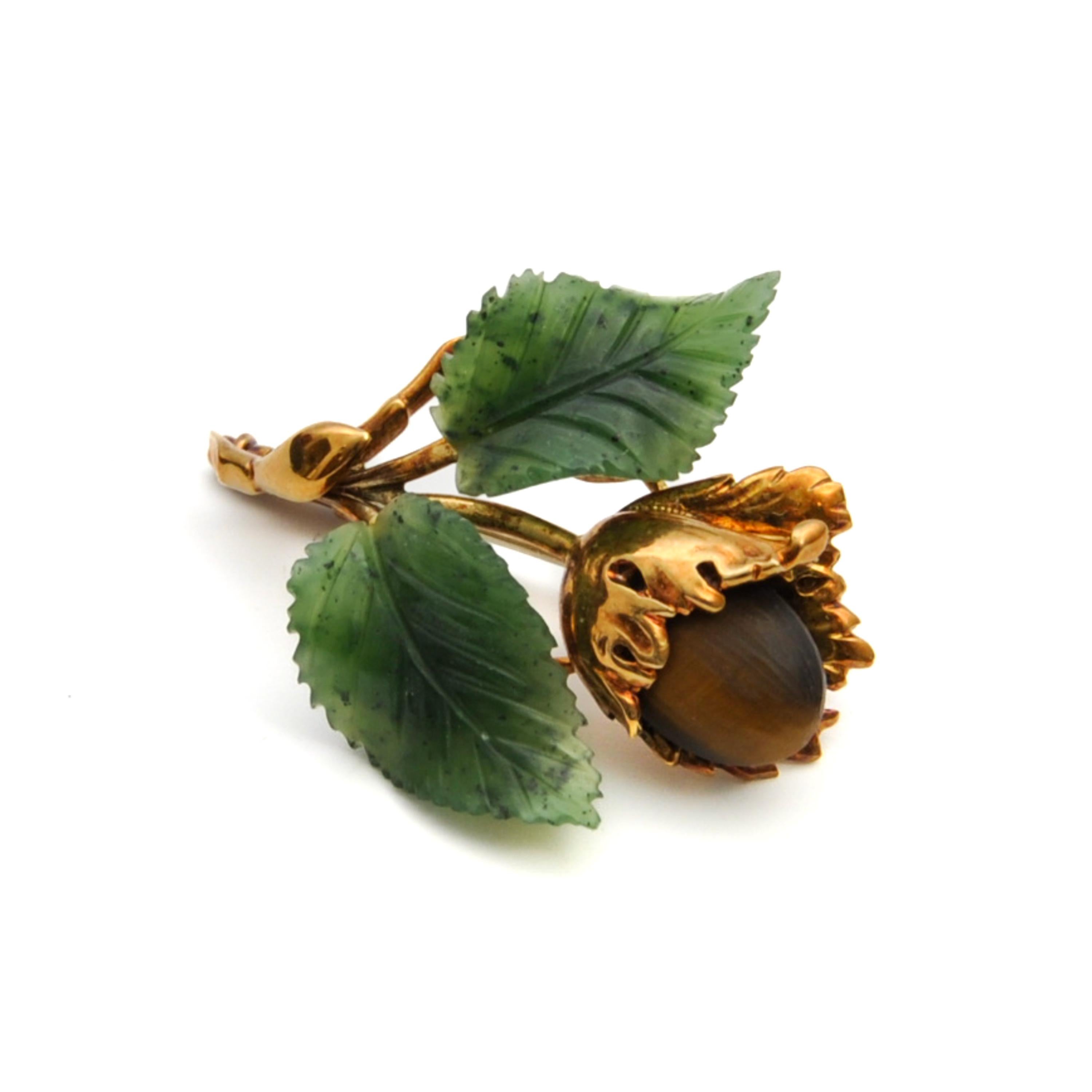 Mixed Cut Nephrite Jade Leaves and Tiger's Eye Acorn Brooch For Sale