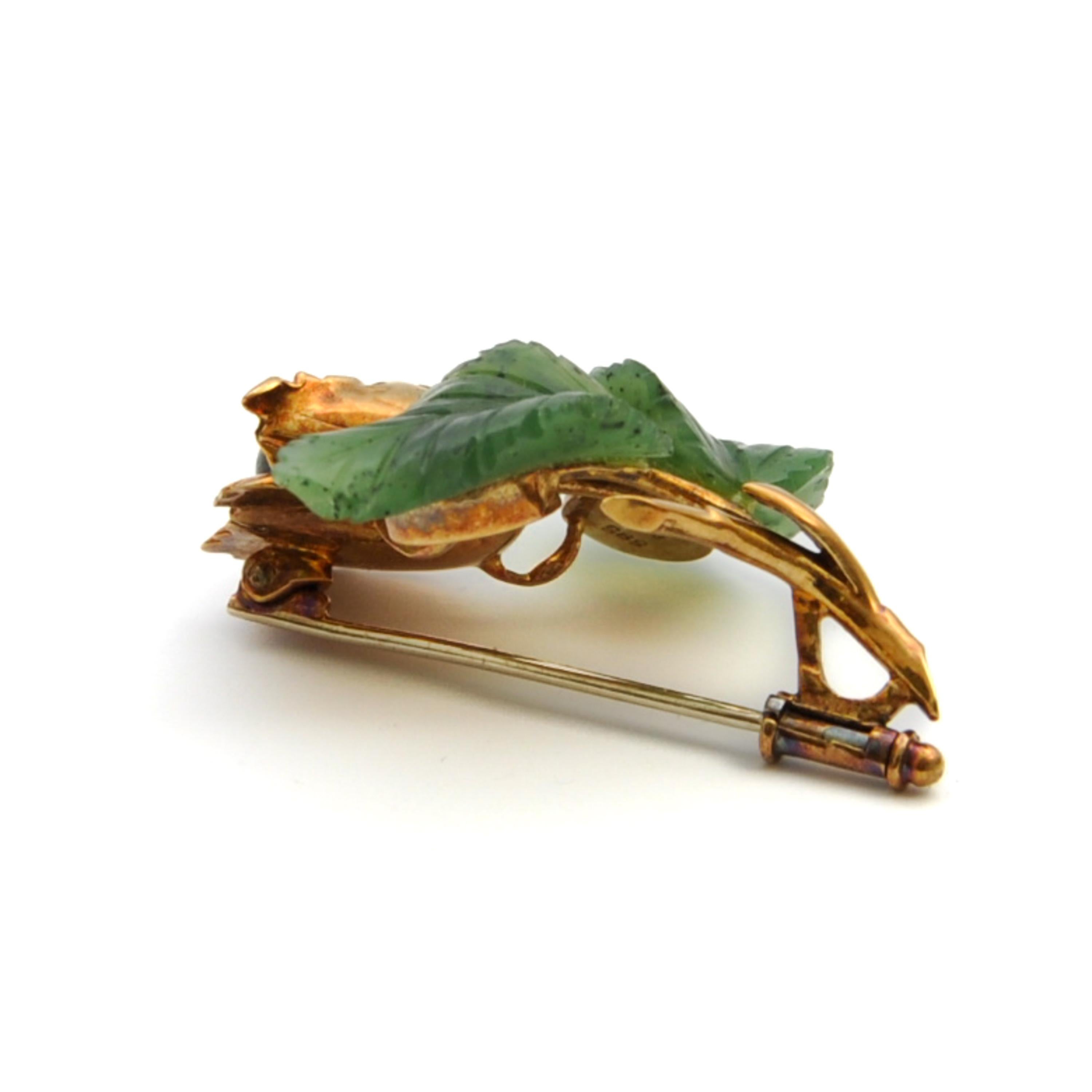 Nephrite Jade Leaves and Tiger's Eye Acorn Brooch For Sale 1