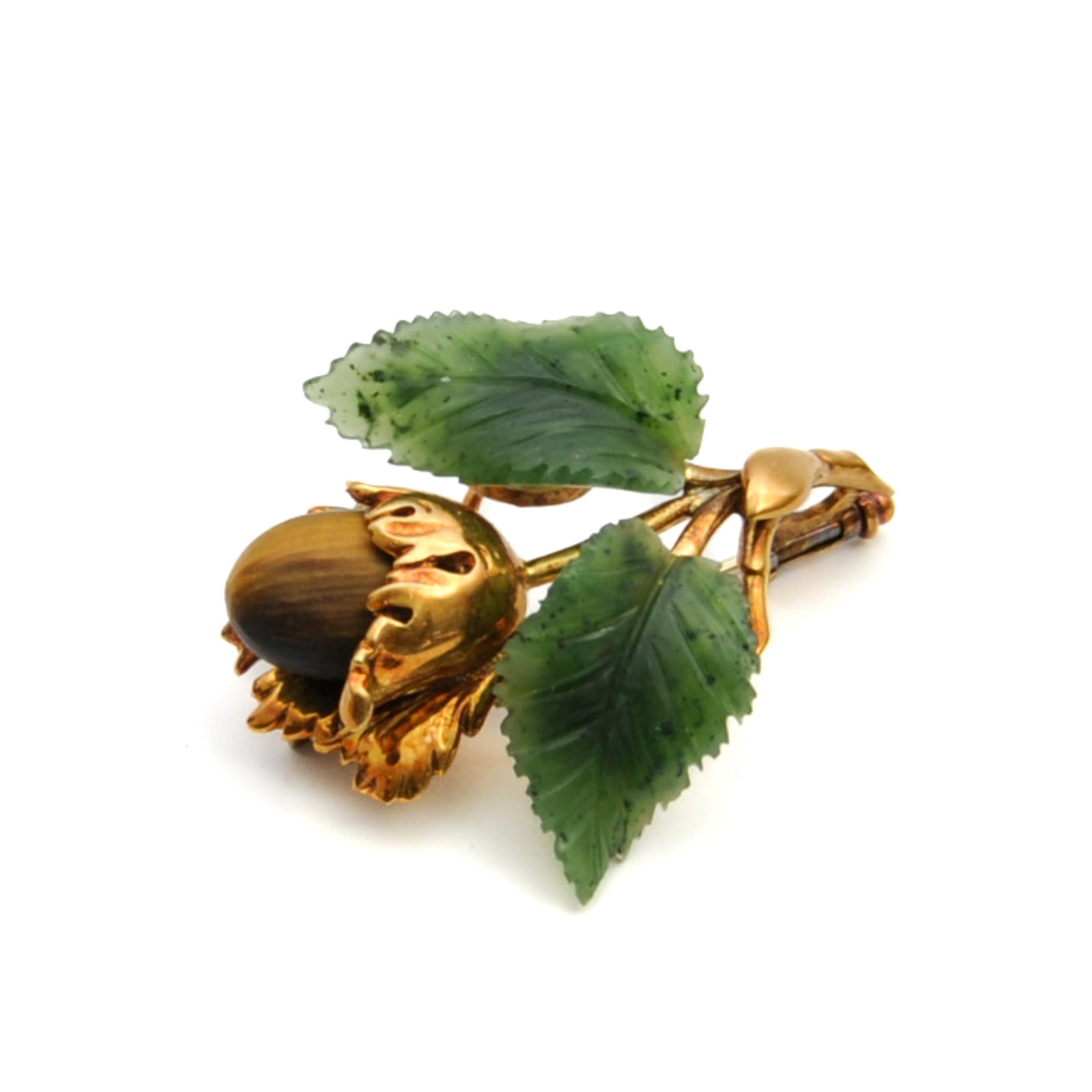 Nephrite Jade Leaves and Tiger's Eye Acorn Brooch For Sale 2