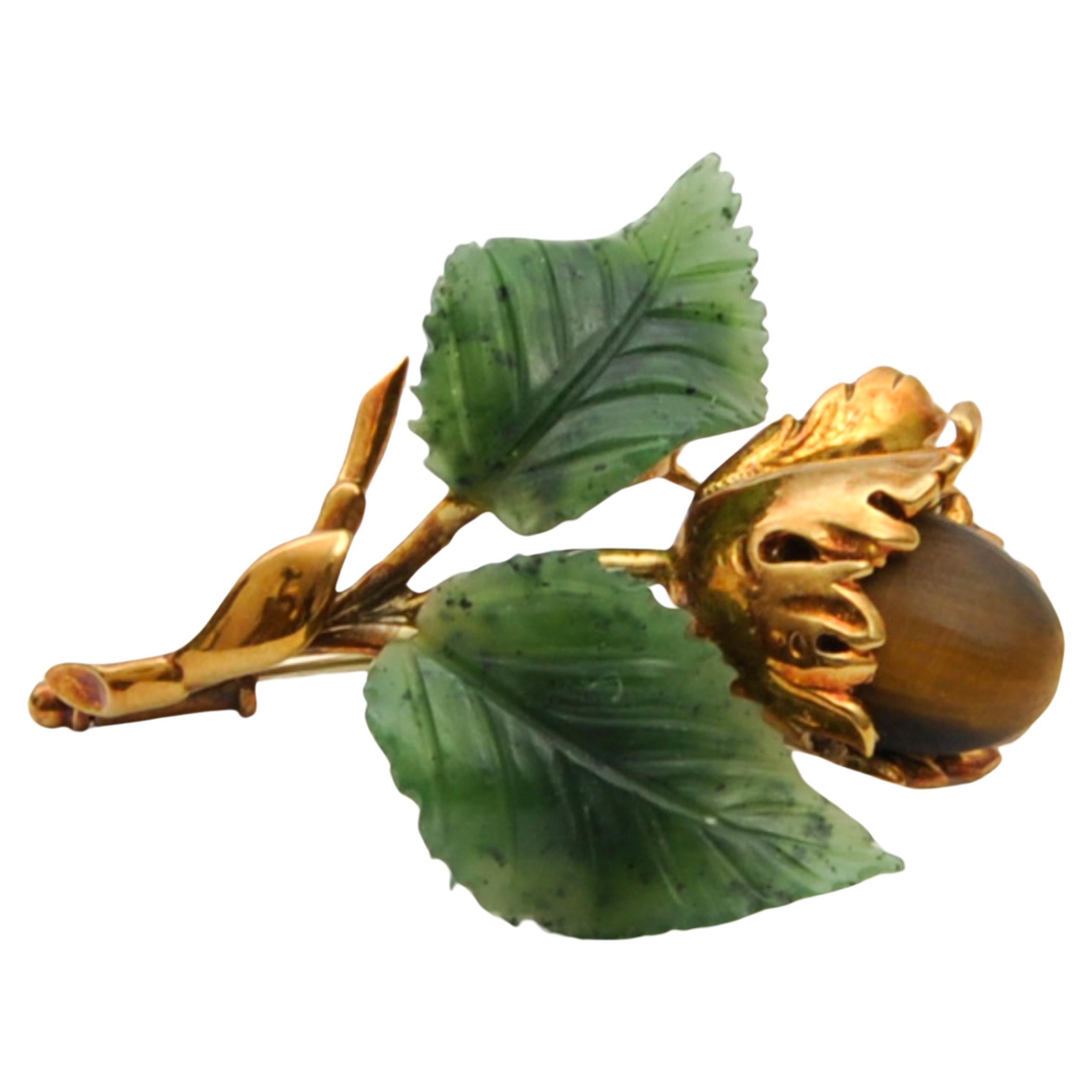 Nephrite Jade Leaves and Tiger's Eye Acorn Brooch For Sale