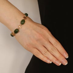 Bracelet à maillons en jade néphrite:: caractères chinois en or 14k:: chance de bonne fortune